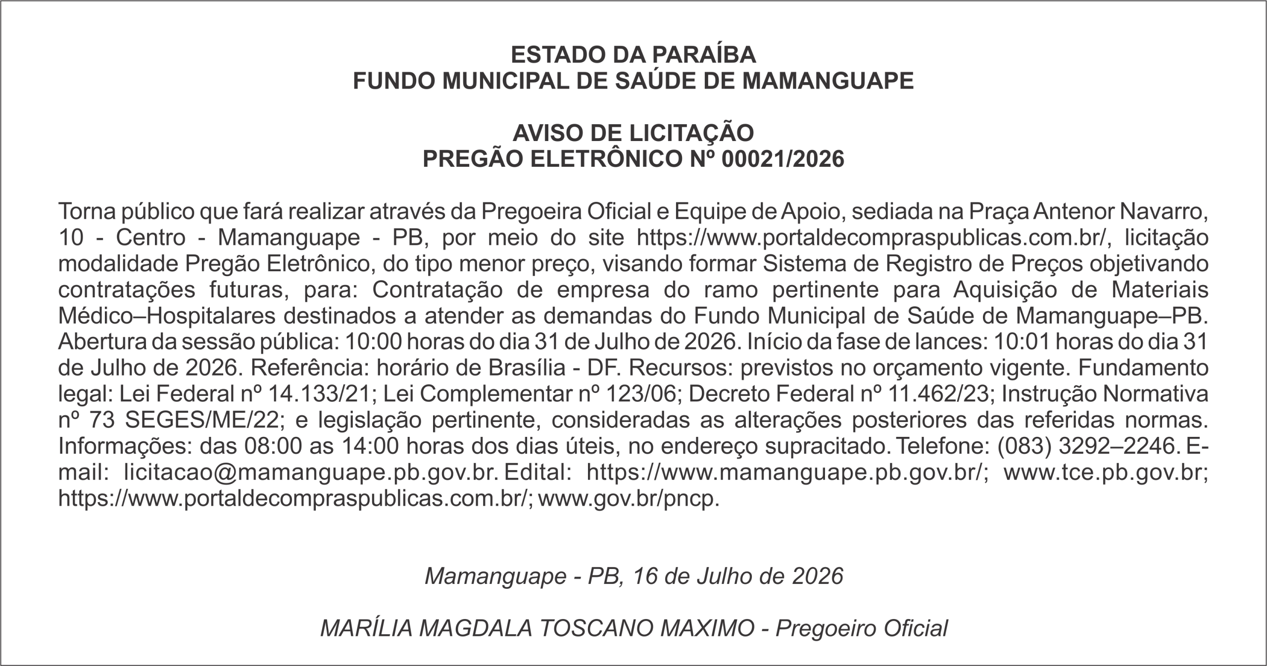 FUNDO MUNICIPAL DE SAÚDE DE MAMANGUAPE – AVISO DE LICITAÇÃO – PREGÃO ELETRÔNICO Nº 00021/2026