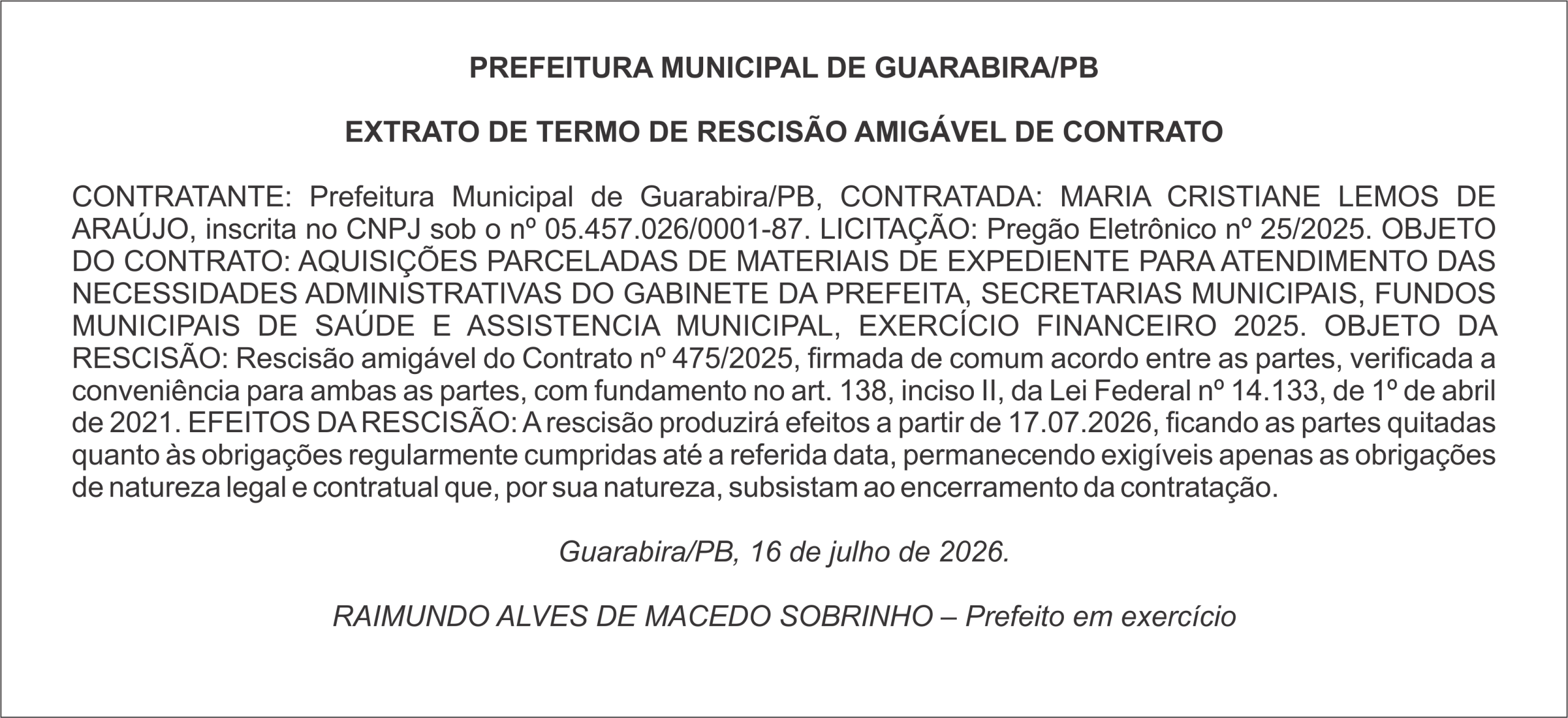 PREFEITURA MUNICIPAL DE GUARABIRA/PB – EXTRATO DE TERMO DE RESCISÃO AMIGÁVEL DE CONTRATO
