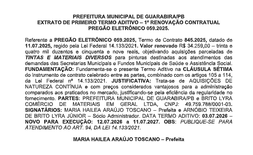 PREFEITURA MUNICIPAL DE GUARABIRA/PB – EXTRATO DE PRIMEIRO TERMO ADITIVO – 1ª RENOVAÇÃO CONTRATUAL – PREGÃO ELETRÔNICO 059.2025.