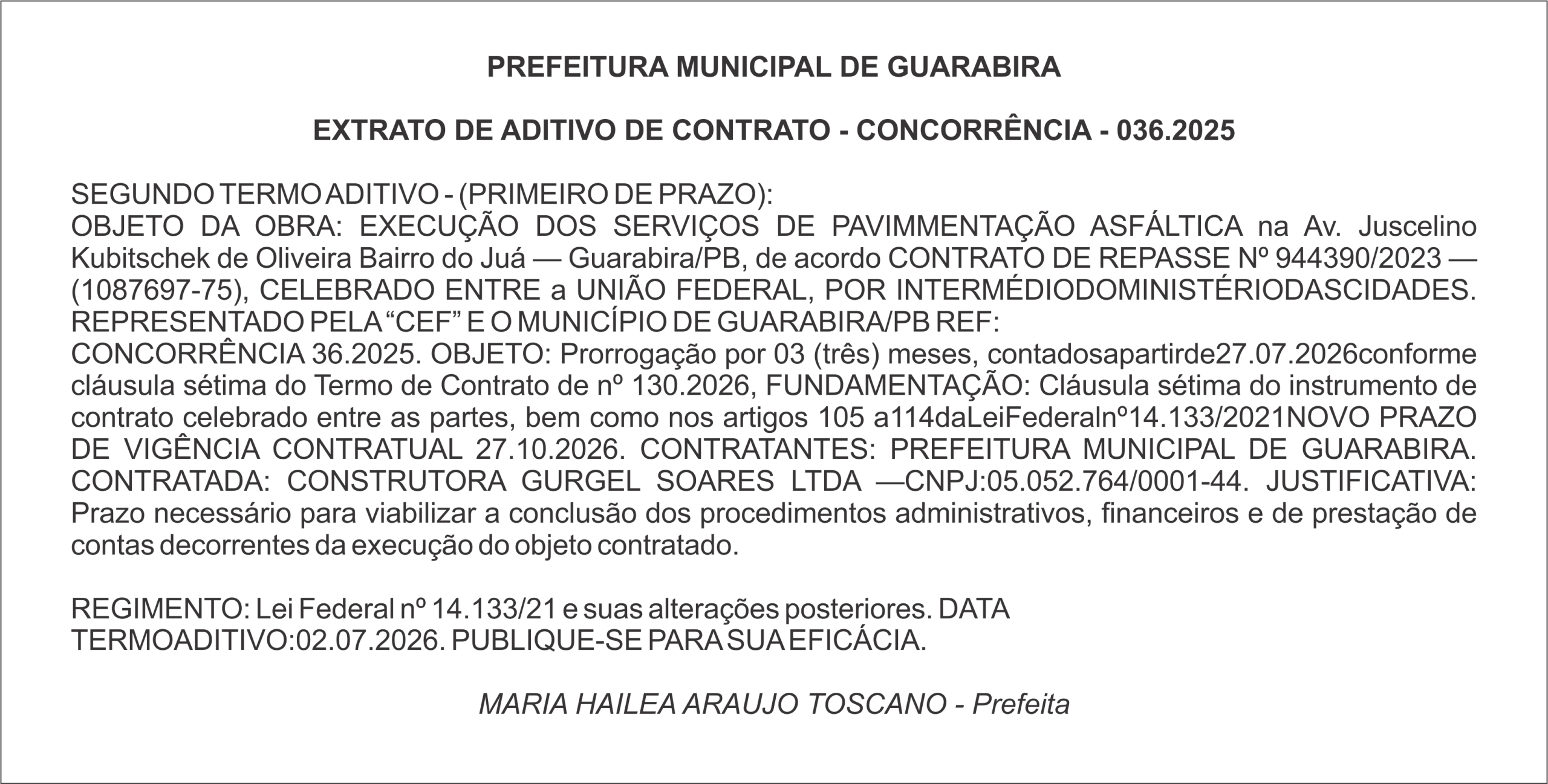 PREFEITURA MUNICIPAL DE GUARABIRA – EXTRATO DE ADITIVO DE CONTRATO – CONCORRÊNCIA – 036.2025