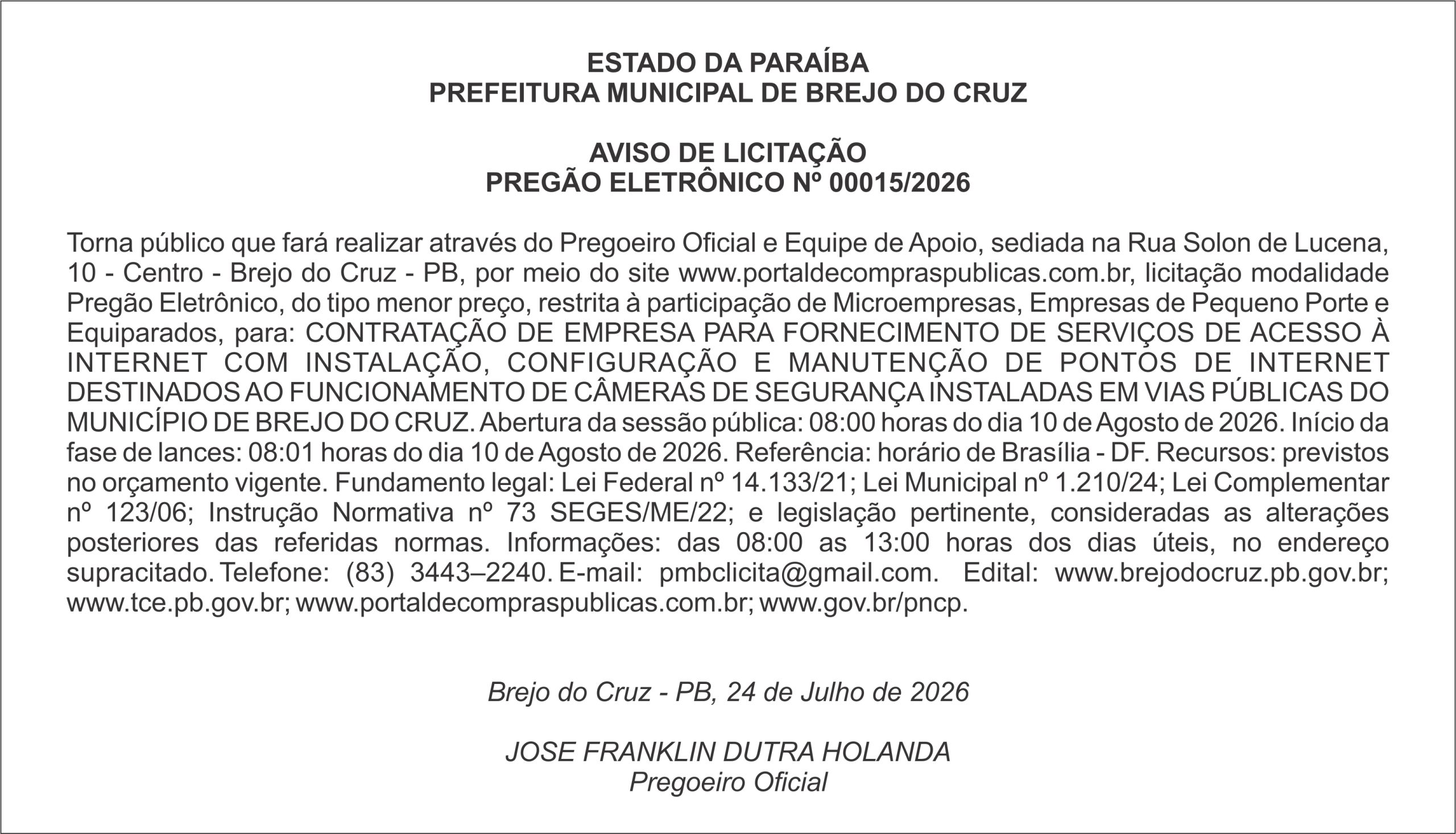 PREFEITURA MUNICIPAL DE BREJO DO CRUZ – AVISO DE LICITAÇÃO PREGÃO ELETRÔNICO Nº 00015/2026