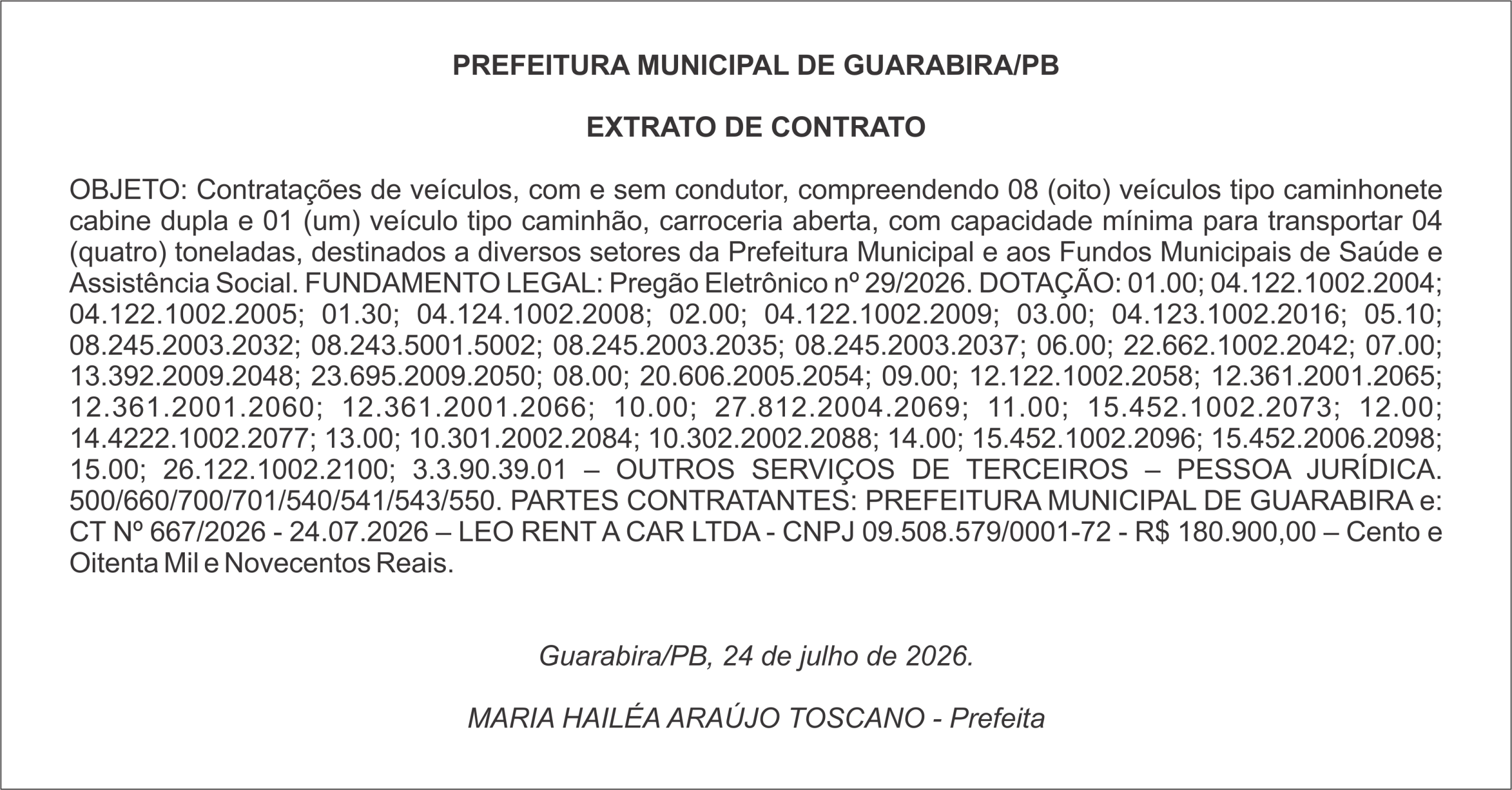 PREFEITURA MUNICIPAL DE GUARABIRA/PB – EXTRATO DE CONTRATO