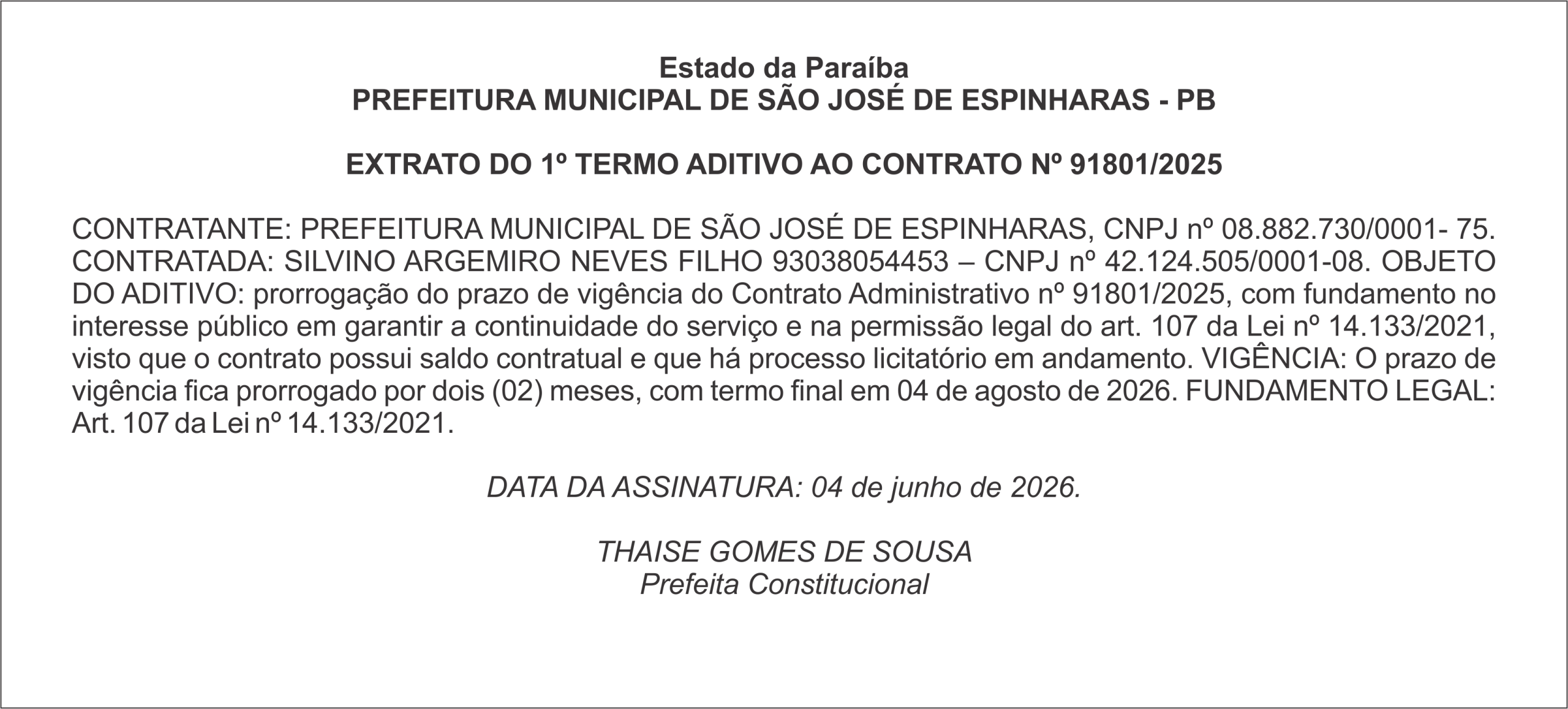 PREFEITURA DE SÃO JOSÉ DE ESPINHARAS – EXTRATO DO 1º TERMO ADITIVO AO CONTRATO Nº 91801/2025