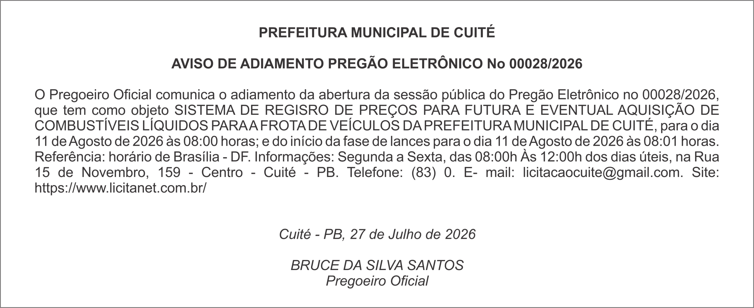PREFEITURA MUNICIPAL DE CUITÉ – AVISO DE ADIAMENTO PREGÃO ELETRÔNICO No 00028/2026