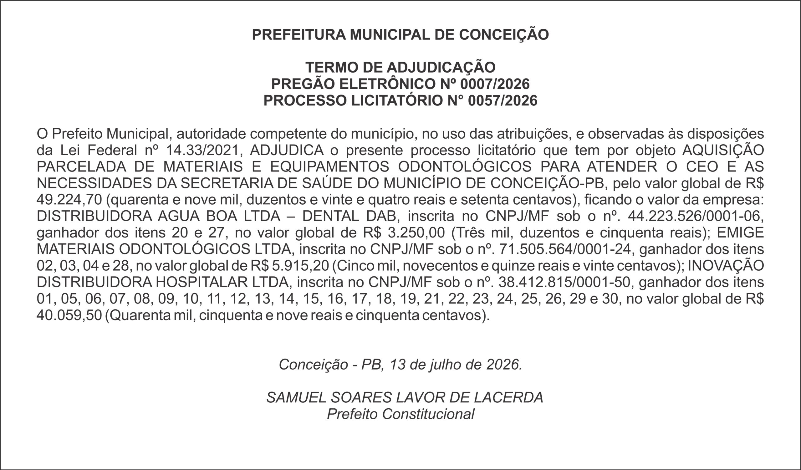 PREFEITURA MUNICIPAL DE CONCEIÇÃO – TERMO DE ADJUDICAÇÃO – PREGÃO ELETRÔNICO Nº 0007/2026