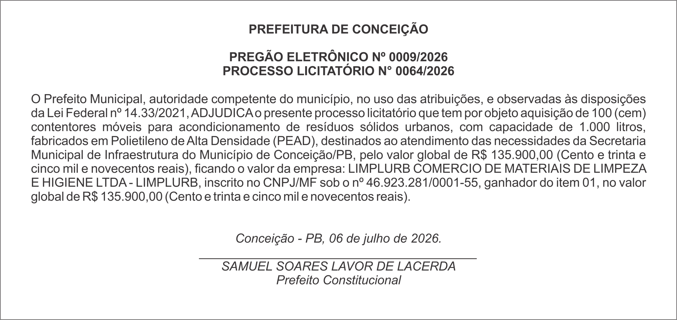 PREFEITURA MUNICIPAL DE CONCEIÇÃO – TERMO DE ADJUDICAÇÃO – PREGÃO ELETRÔNICO Nº 0009/2026