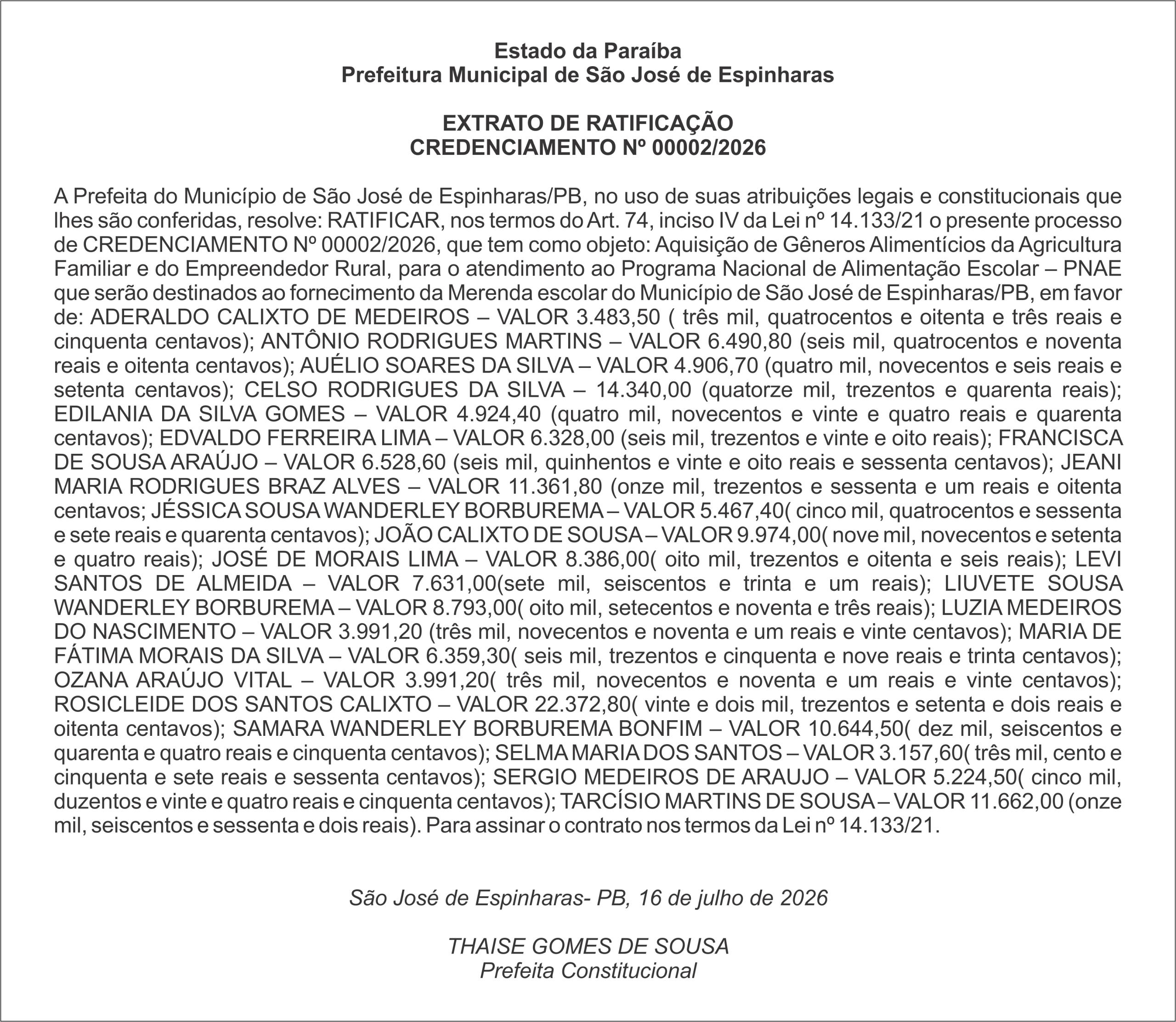 PREFEITURA MUNICIPAL DE SÃO JOSÉ DE ESPINHARAS – EXTRATO DE RATIFICAÇÃO – CREDENCIAMENTO Nº 00002/2026