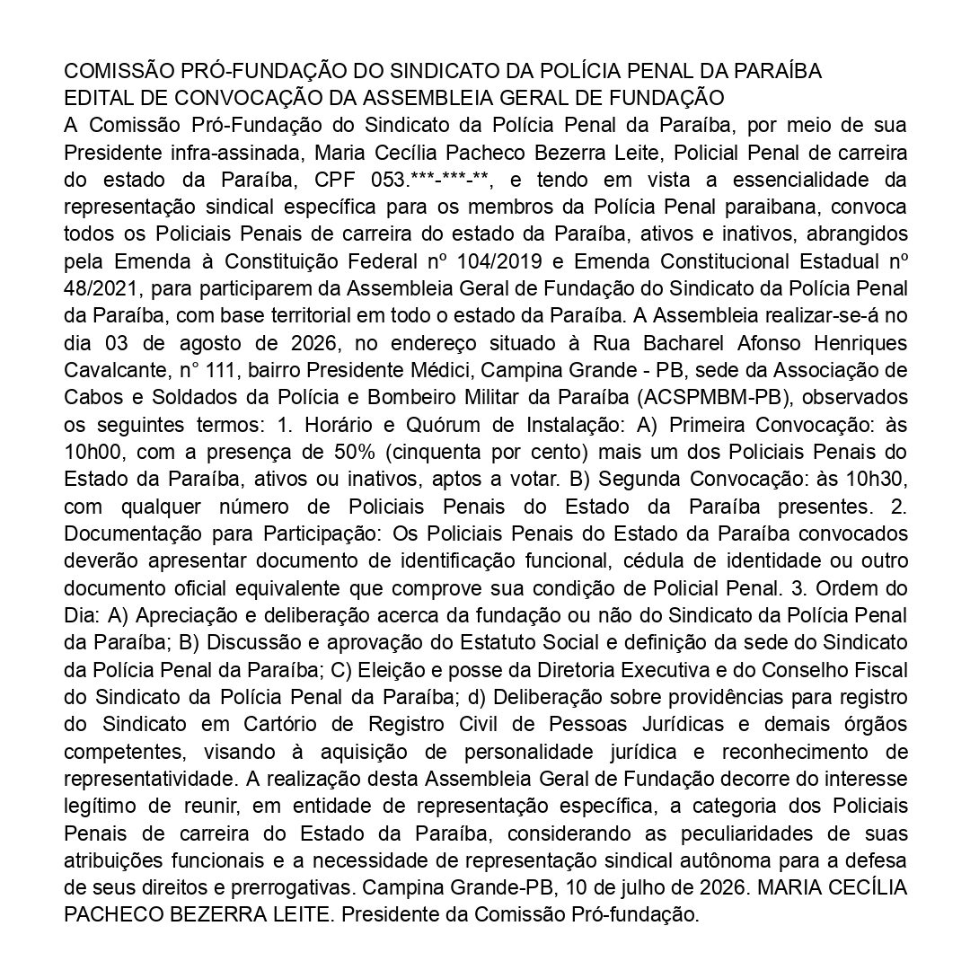 COMISSÃO PRÓ-FUNDAÇÃO DO SINDICATO DA POLÍCIA PENAL DA PARAÍBA