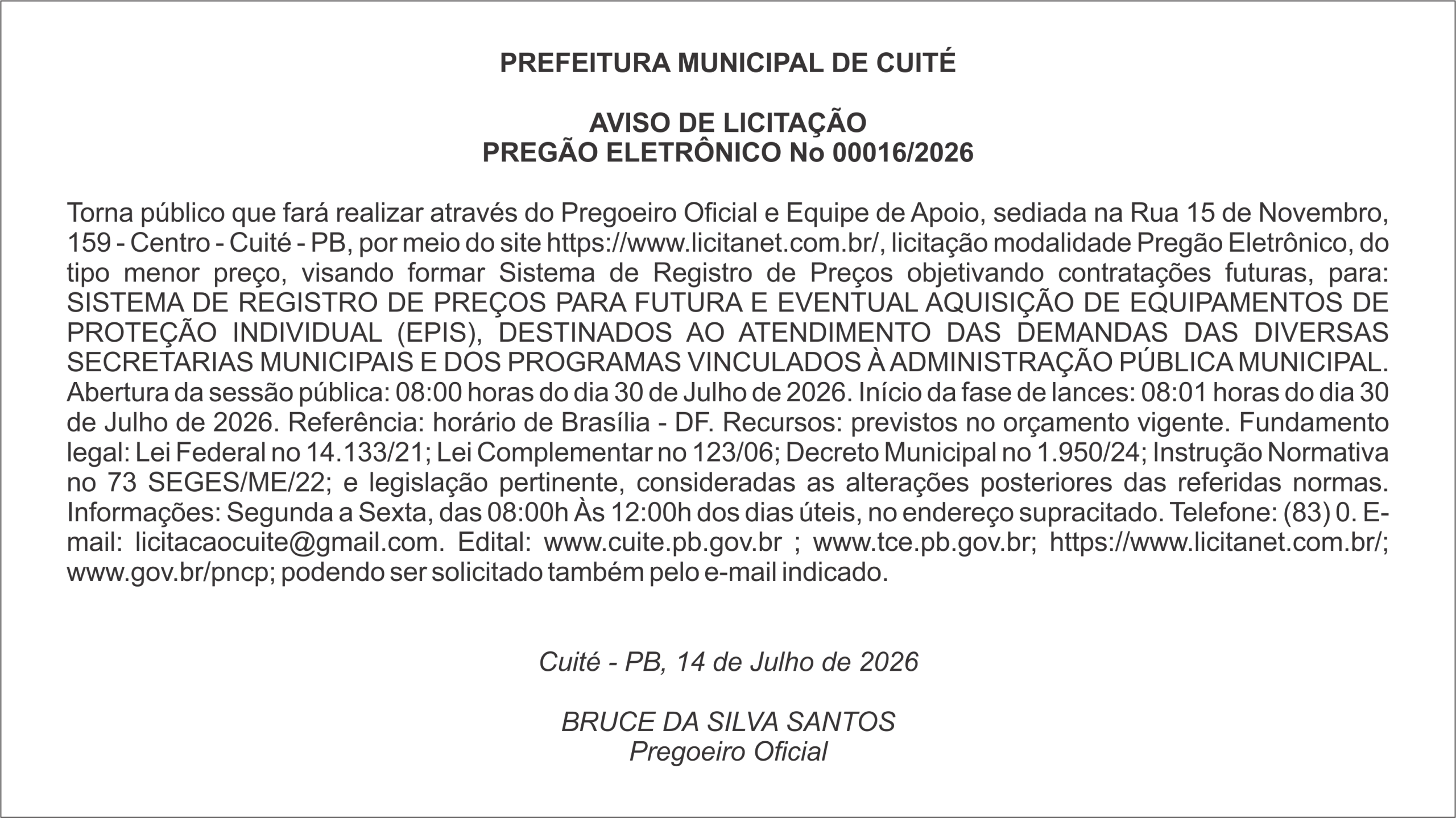 PREFEITURA MUNICIPAL DE CUITÉ – AVISO DE LICITAÇÃO – PREGÃO ELETRÔNICO No 00016/2026