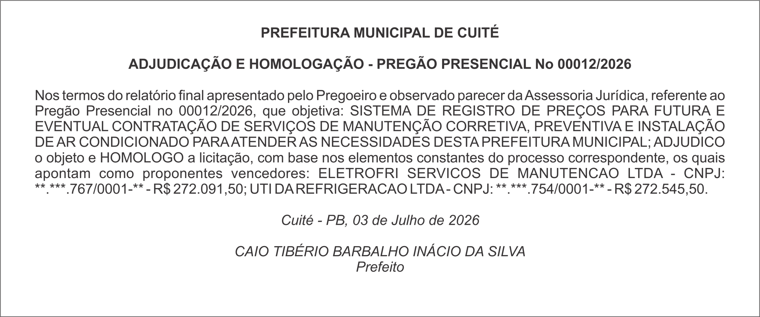 PREFEITURA MUNICIPAL DE CUITÉ – ADJUDICAÇÃO E HOMOLOGAÇÃO – PREGÃO PRESENCIAL No 00012/2026
