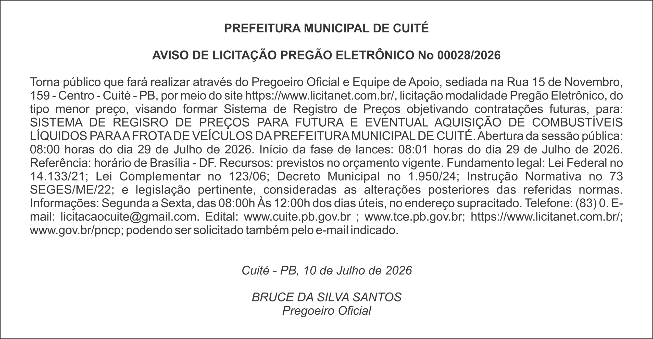 PREFEITURA MUNICIPAL DE CUITÉ – AVISO DE LICITAÇÃO – PREGÃO ELETRÔNICO No 00028/2026