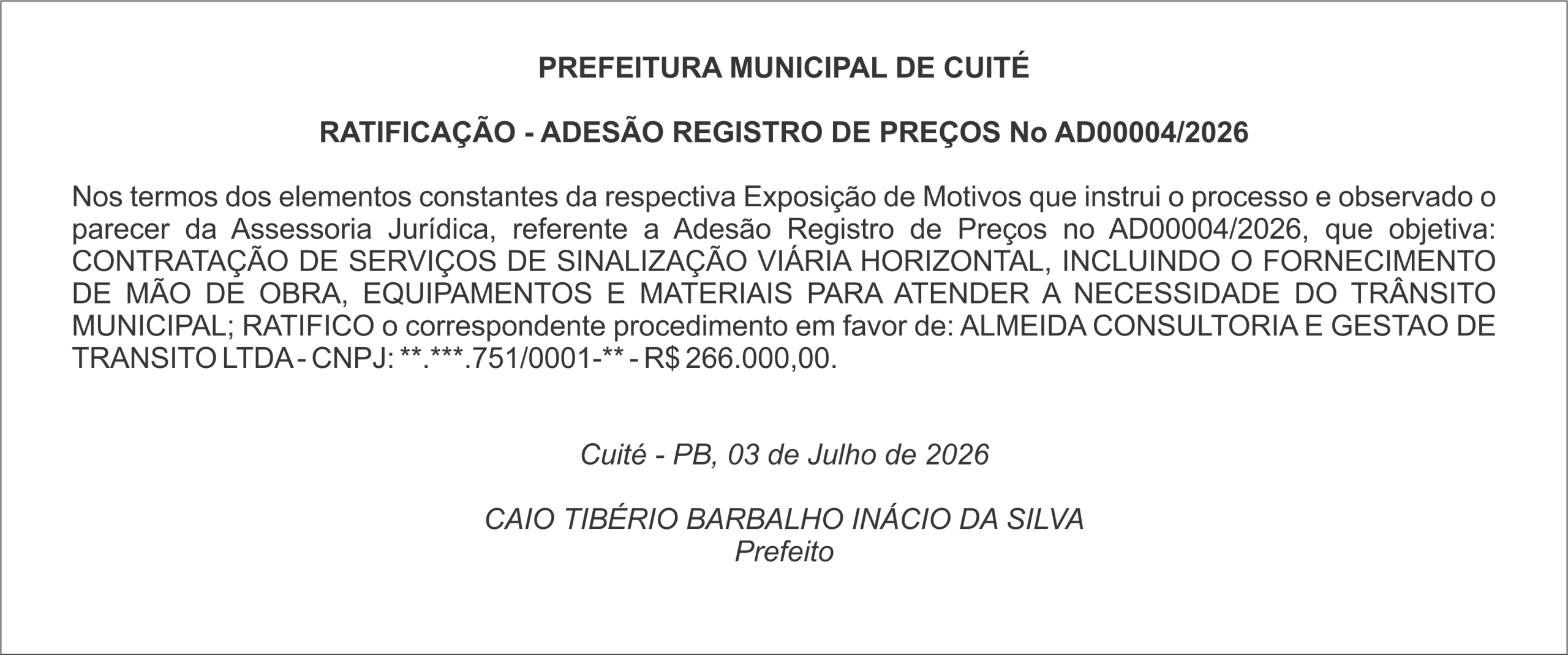 PREFEITURA MUNICIPAL DE CUITÉ – RATIFICAÇÃO – ADESÃO REGISTRO DE PREÇOS No AD00004/2026