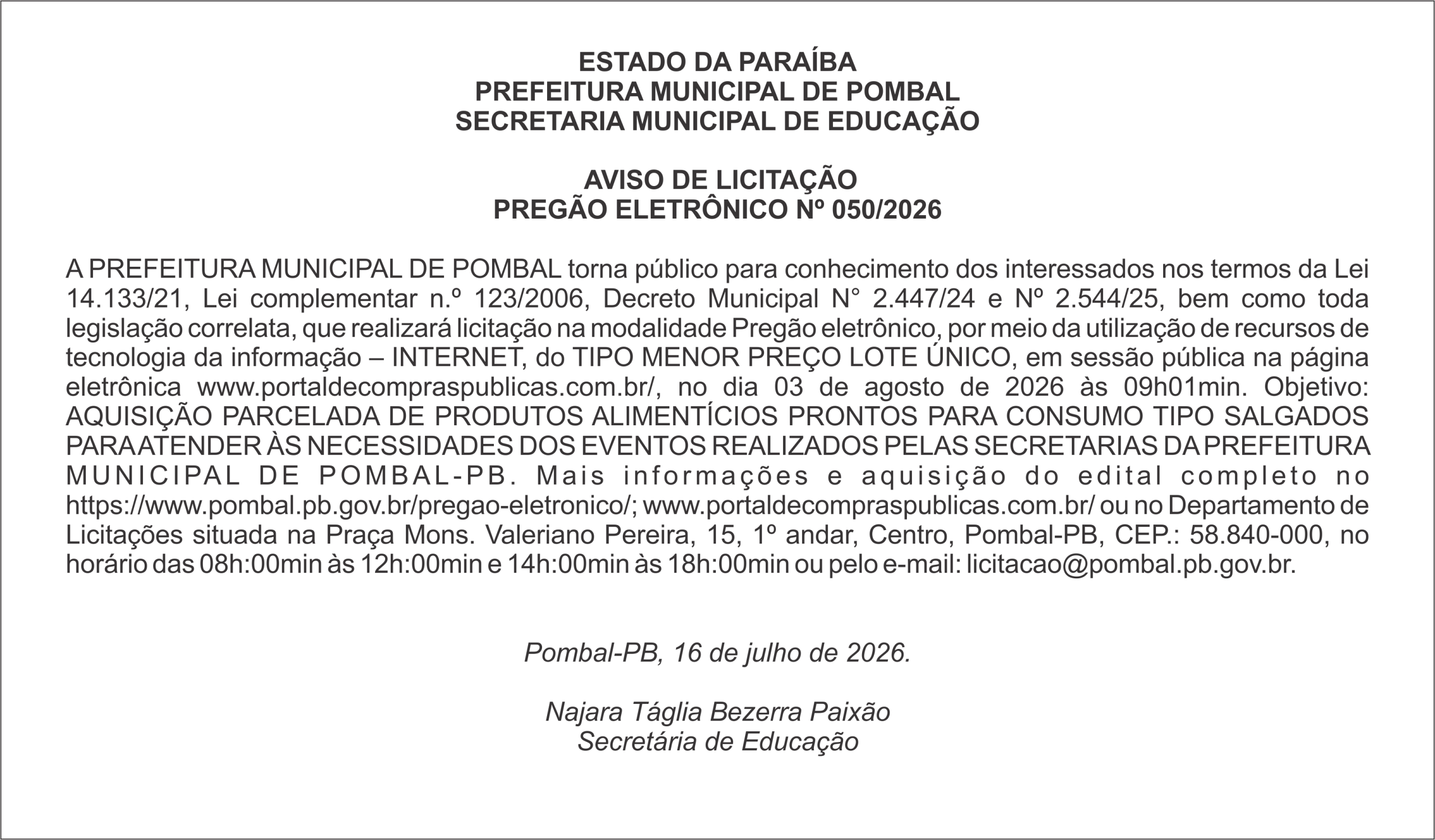 PREFEITURA MUNICIPAL DE POMBAL – AVISO DE LICITAÇÃO – PREGÃO ELETRÔNICO Nº 050/2026
