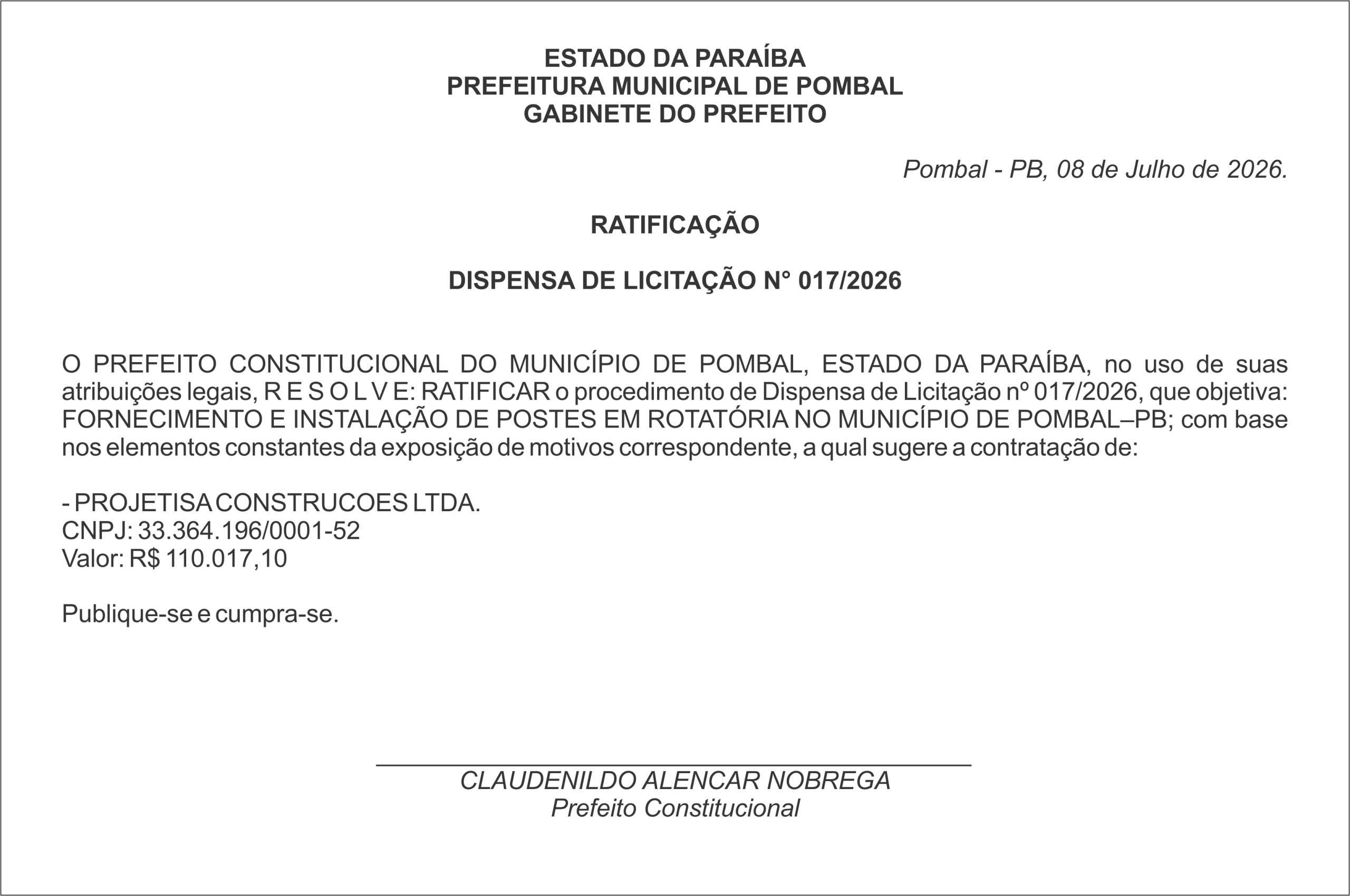 PREFEITURA MUNICIPAL DE POMBAL – RATIFICAÇÃO – DISPENSA DE LICITAÇÃO N° 017/2026