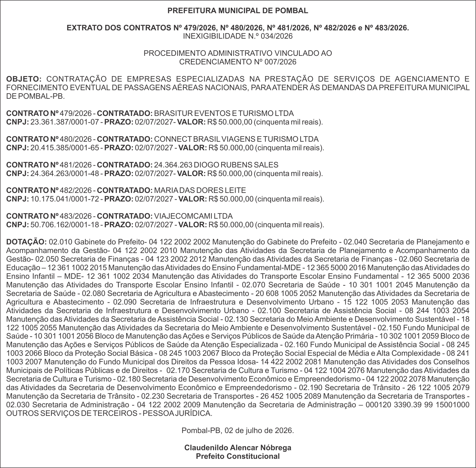 PREFEITURA MUNICIPAL DE POMBAL – EXTRATO DOS CONTRATOS Nº 479/2026, Nº 480/2026, Nº 481/2026, Nº 482/2026 e Nº 483/2026. INEXIGIBILIDADE N.º 034/2026