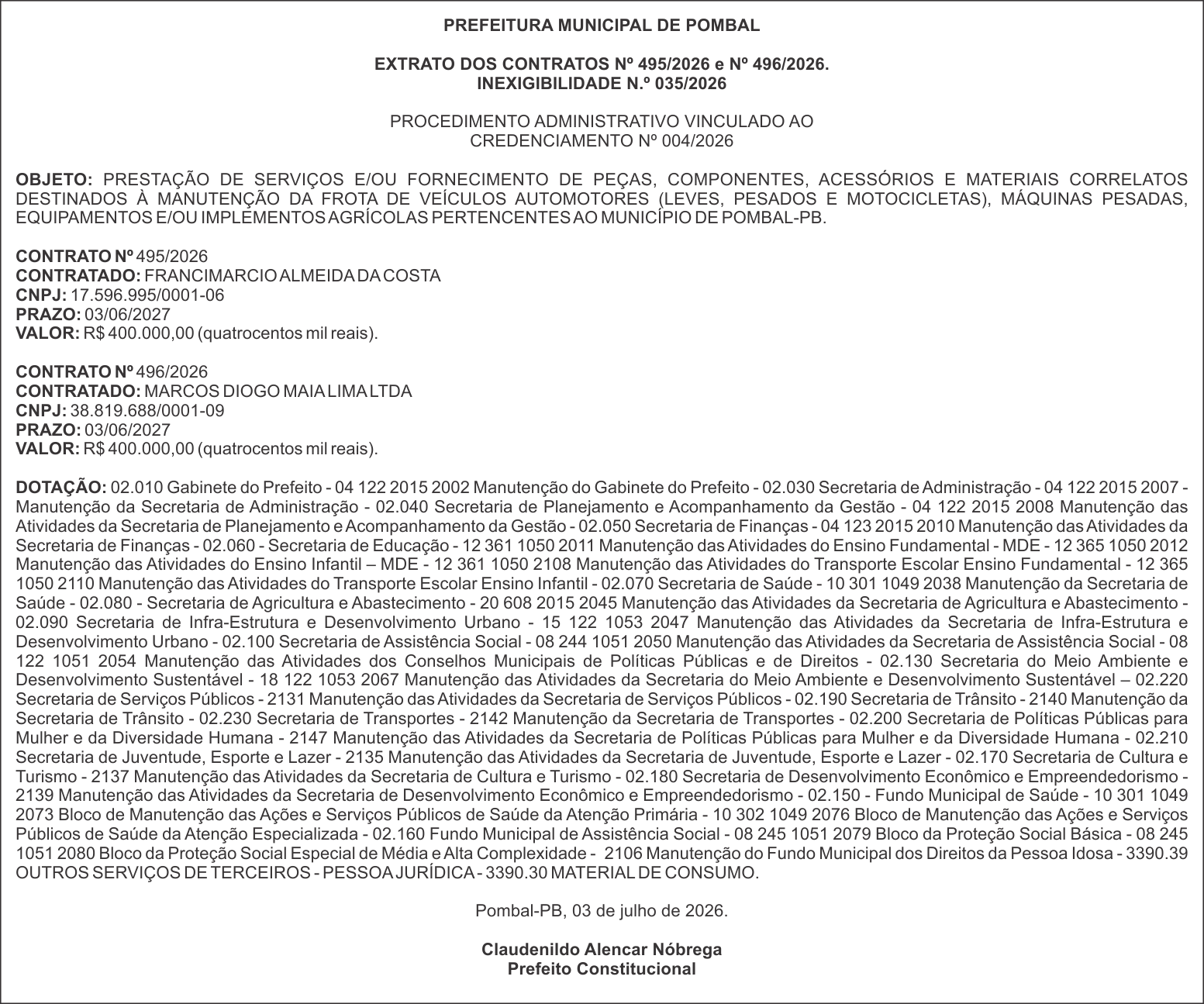 PREFEITURA MUNICIPAL DE POMBAL – EXTRATO DOS CONTRATOS Nº 495/2026 e Nº 496/2026. INEXIGIBILIDADE N.º 035/2026