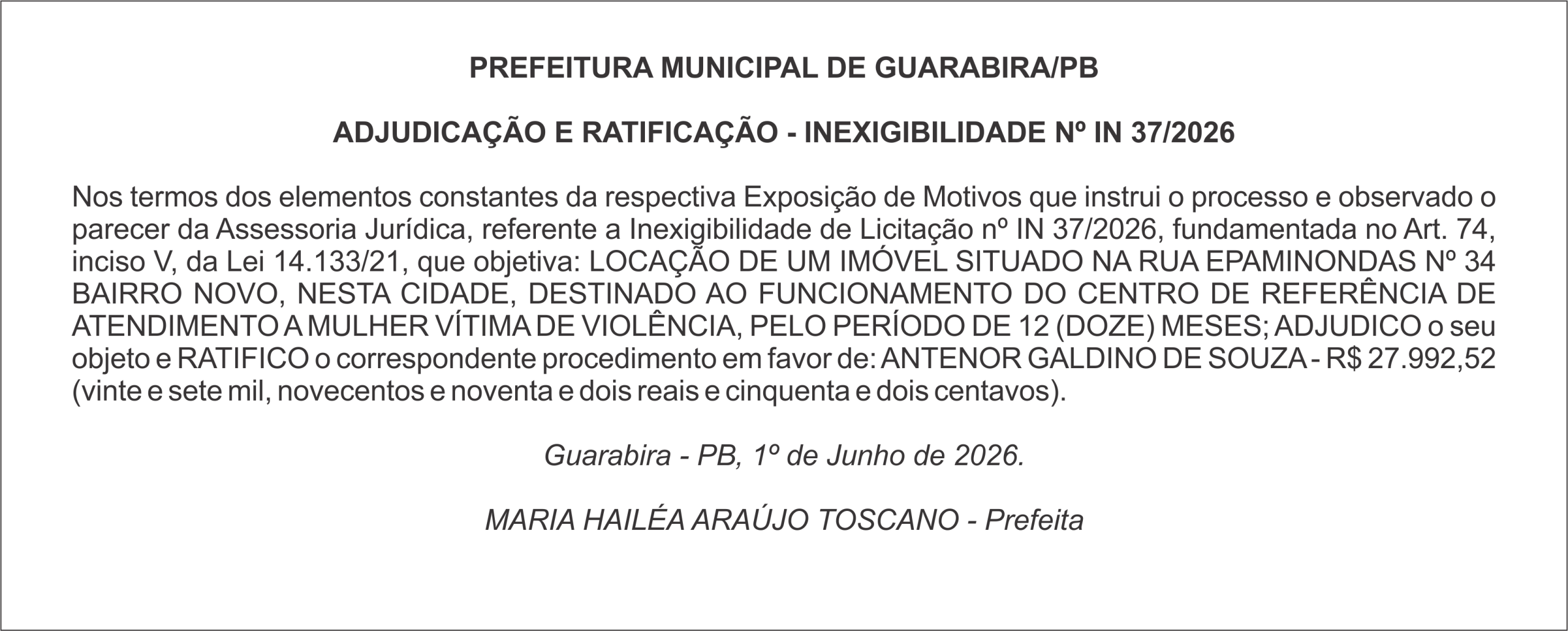 PREFEITURA MUNICIPAL DE GUARABIRA/PB ADJUDICAÇÃO E RATIFICAÇÃO – INEXIGIBILIDADE Nº IN 37/2026