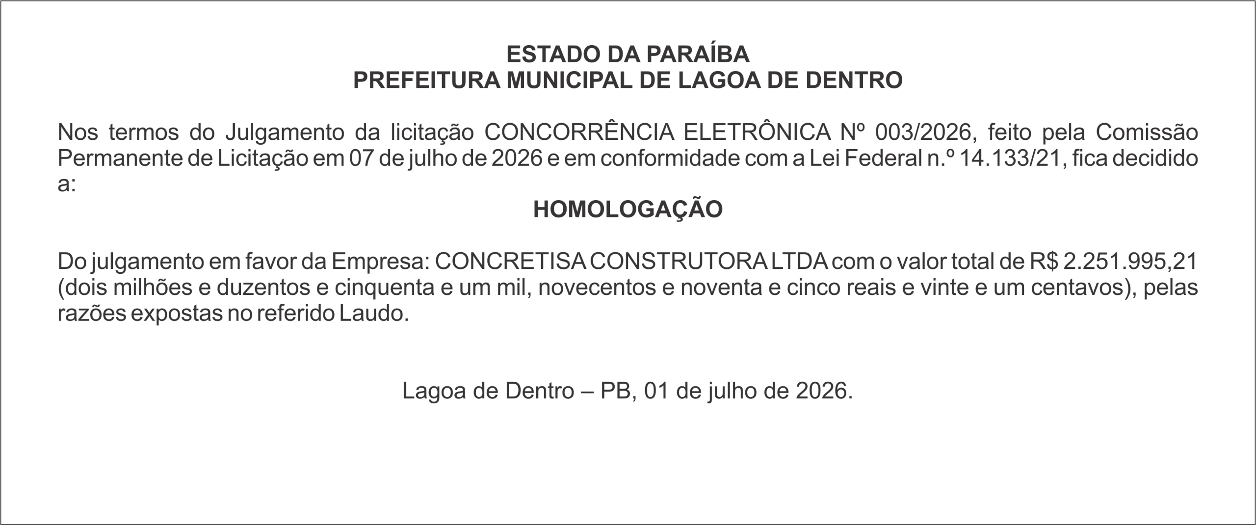 PREFEITURA MUNICIPAL DE LAGOA DE DENTRO – HOMOLOGAÇÃO – CONCORRÊNCIA ELETRÔNICA Nº 003/2026