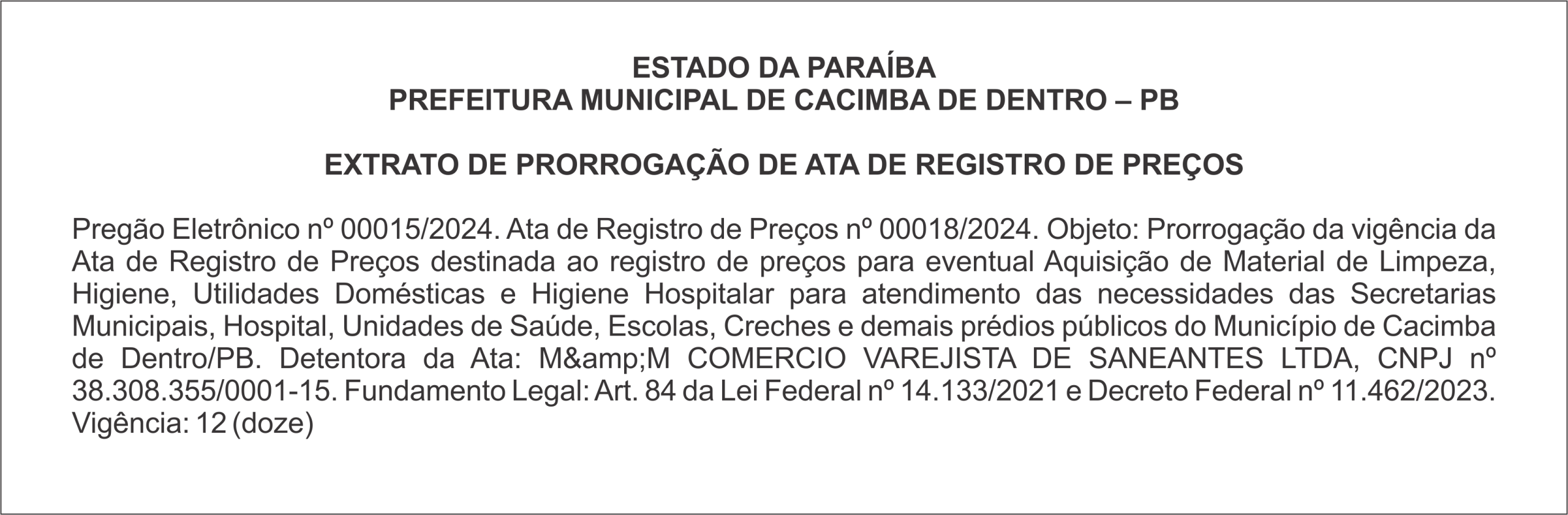 PREFEITURA MUNICIPAL DE CACIMBA DE DENTRO – PB – EXTRATO DE PRORROGAÇÃO DE ATA DE REGISTRO DE PREÇOS