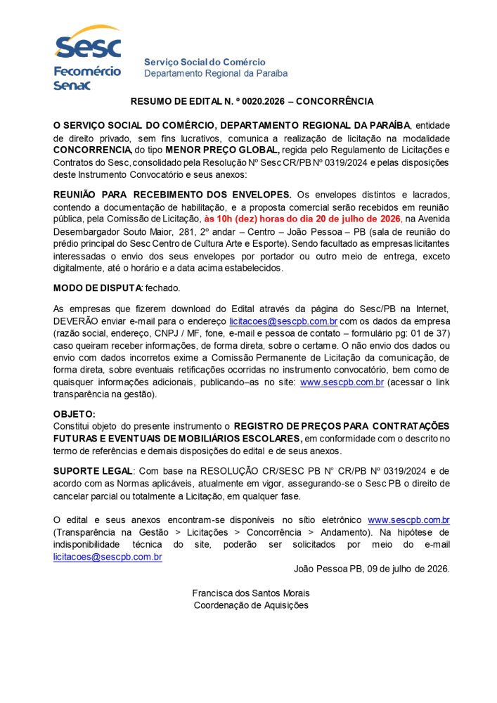SESC – RESUMO DE EDITAL N. º 0020.2026 – CONCORRÊNCIA