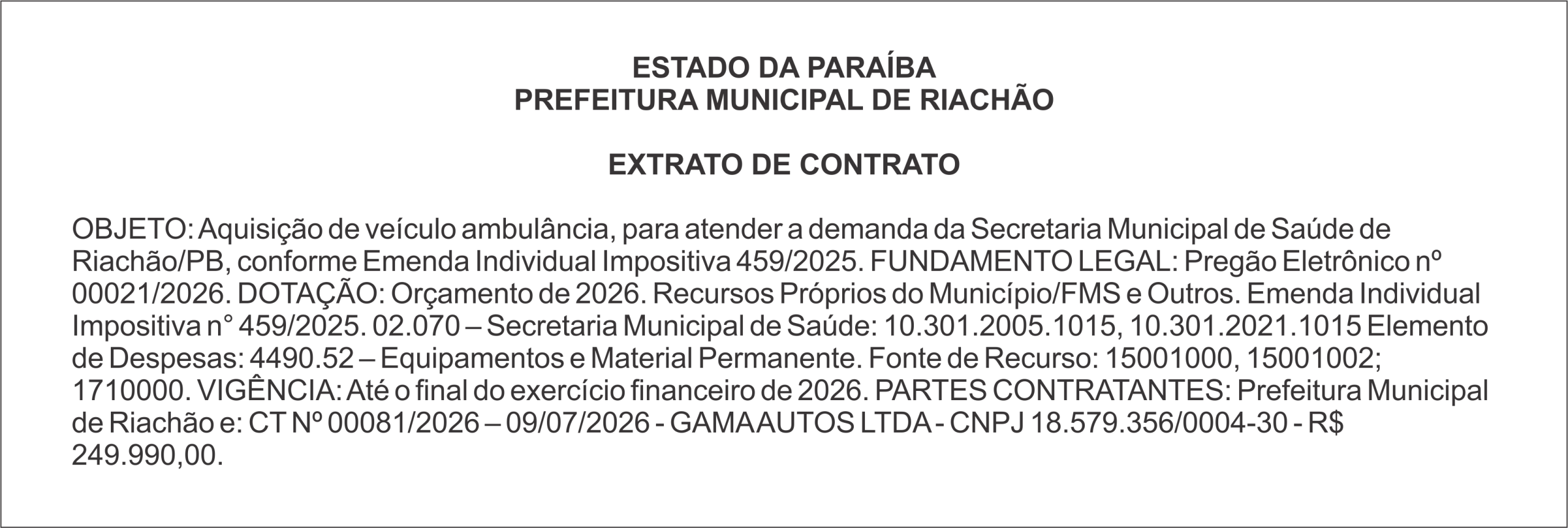 PREFEITURA MUNICIPAL DE RIACHÃO – EXTRATO DE CONTRATO
