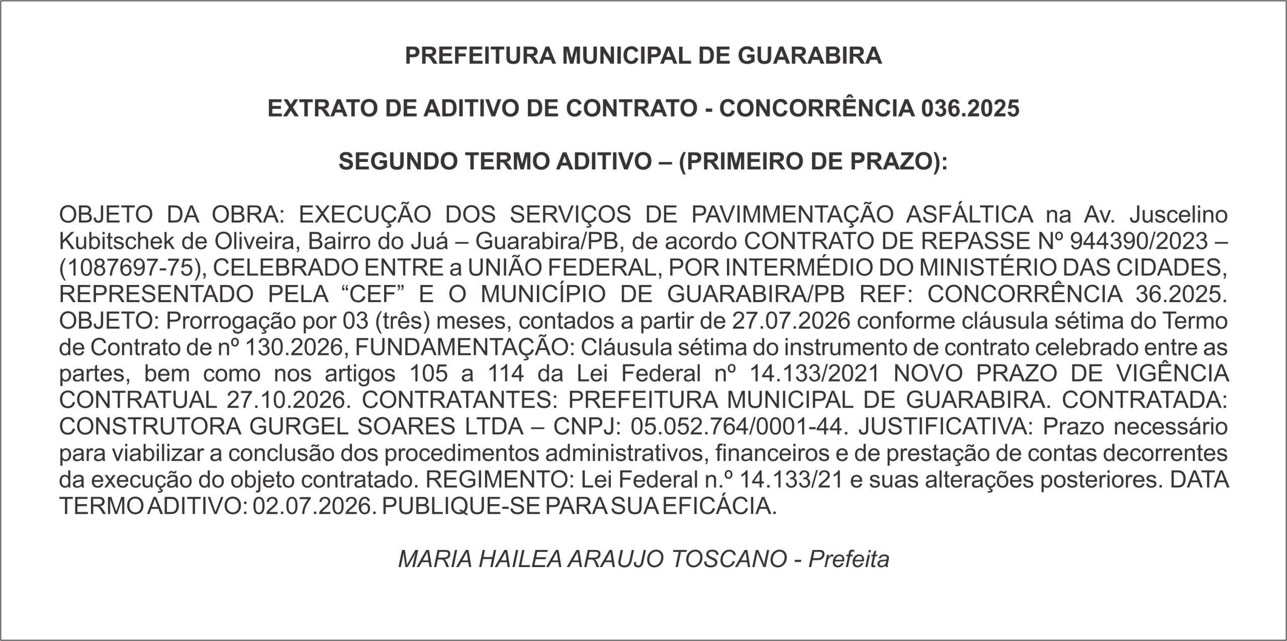 PREFEITURA MUNICIPAL DE GUARABIRA –  EXTRATO DE ADITIVO DE CONTRATO – CONCORRÊNCIA 036.2025
