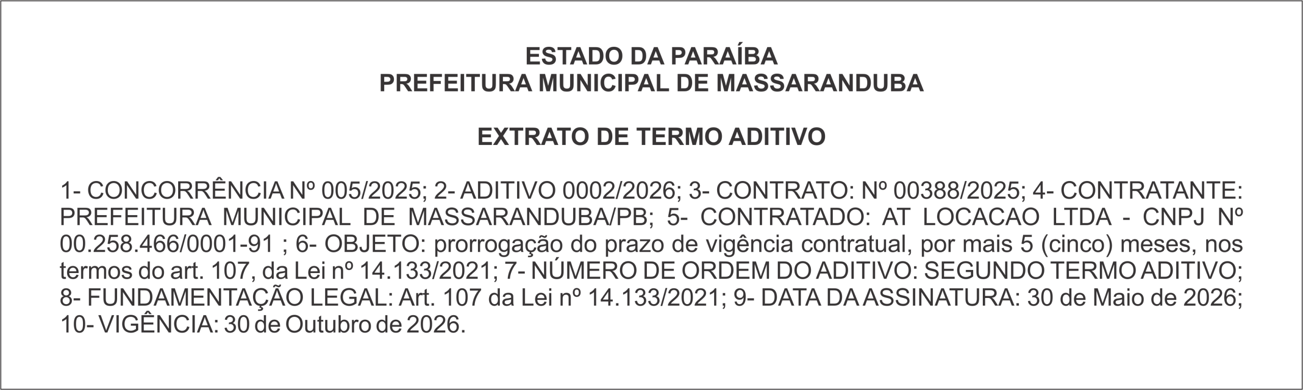 PREFEITURA MUNICIPAL DE MASSARANDUBA – EXTRATO DE TERMO ADITIVO