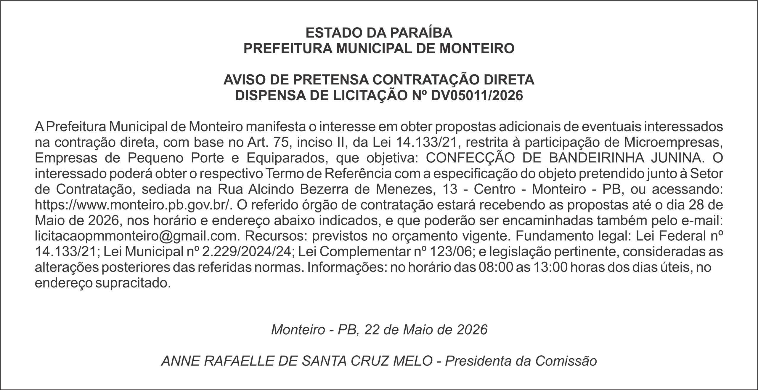 PREFEITURA MUNICIPAL DE MONTEIRO – AVISO DE PRETENSA CONTRATAÇÃO DIRETA DISPENSA DE LICITAÇÃO Nº DV05011/2026
