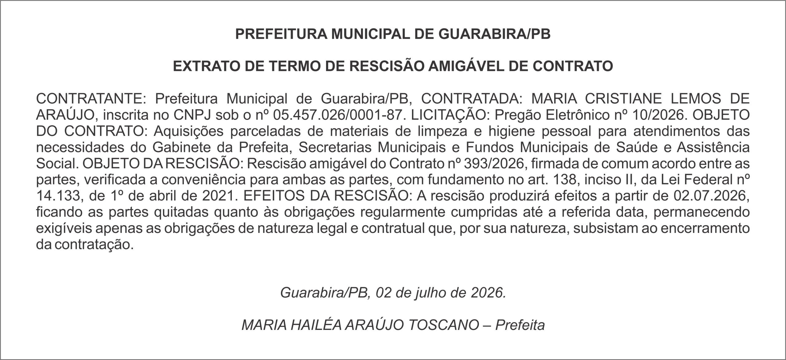 PREFEITURA MUNICIPAL DE GUARABIRA/PB – EXTRATO DE TERMO DE RESCISÃO AMIGÁVEL DE CONTRATO