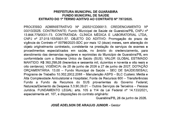 PREFEITURA MUNICIPAL DE GUARABIRA – FUNDO MUNICIPAL DE SAÚDE – EXTRATO DO 1º TERMO ADITIVO AO CONTRATO Nº 797/2025