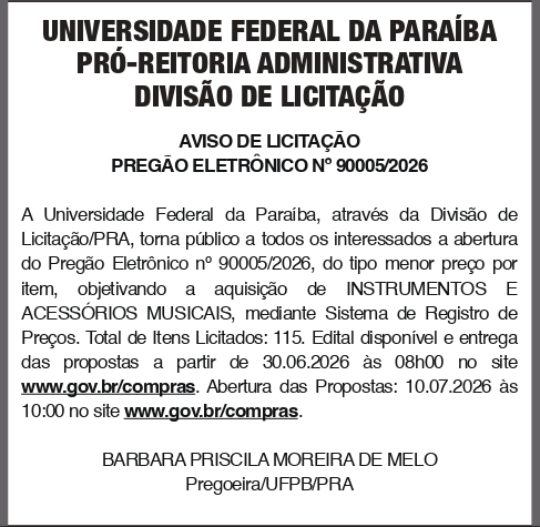 UNIVERSIDADE FEDERAL DA PARAIBA – PREGÃO ELETRÔNICO No 90005/2026