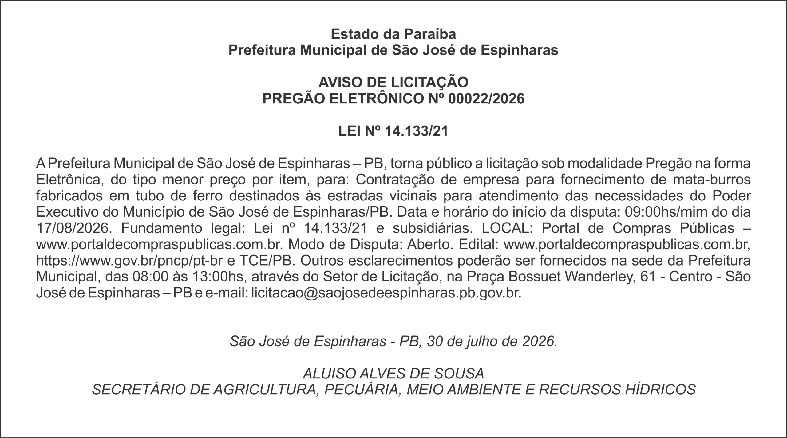 PREFEITURA DE SÃO JOSÉ DE ESPINHARAS – AVISO DE LICITAÇÃO PREGÃO ELETRÔNICO Nº 00022/2026