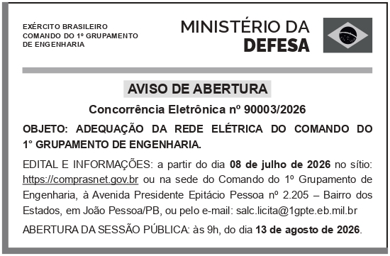 CMDO 1º GPTE – JOÃO PESSOA – PB – COMANDO DO 1º GRUPAMENTO DE ENGENHARIA – Abertura Concorrência Eletrônica 90003/2026