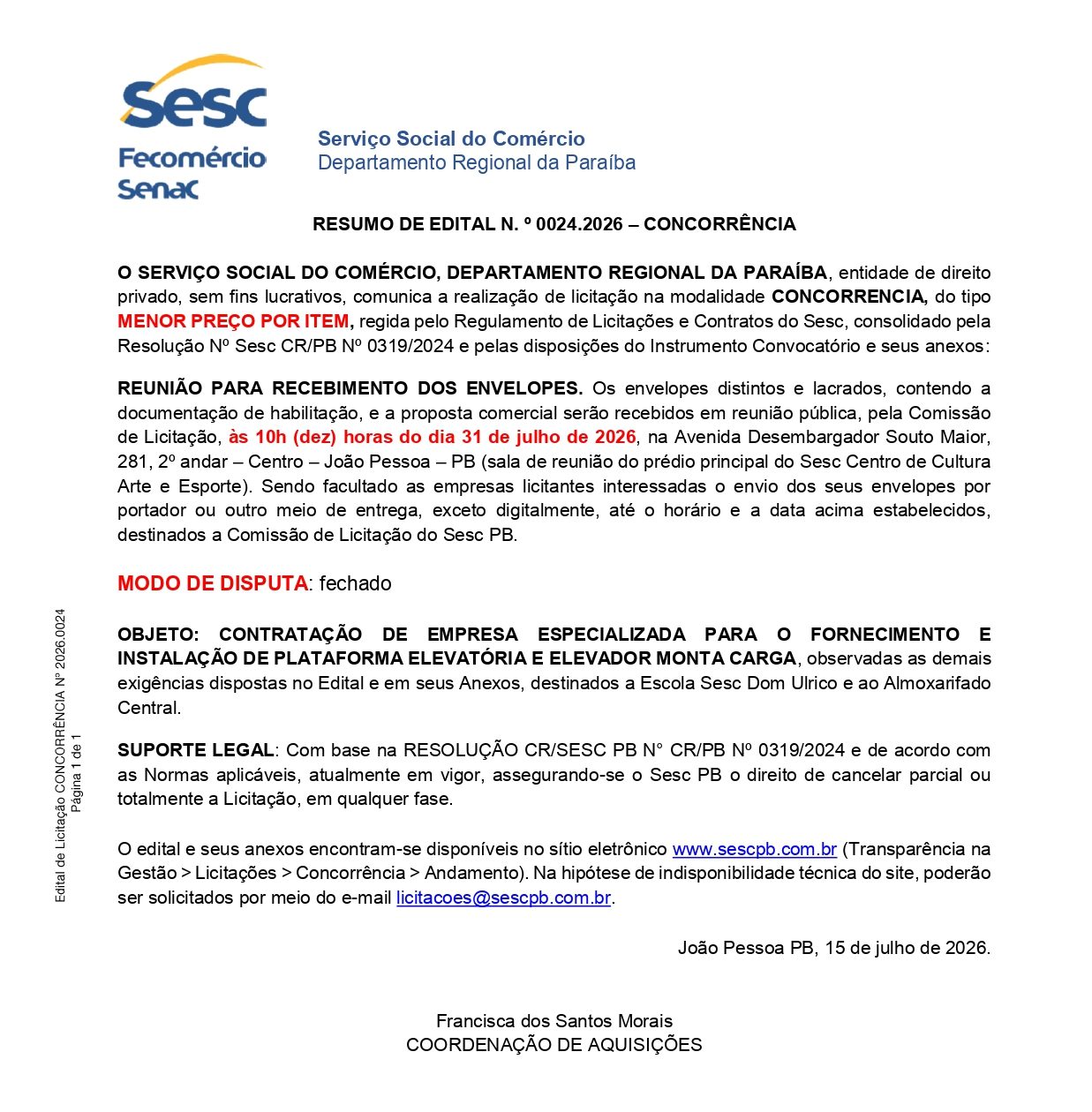 SESC – RESUMO DE EDITAL N. º 0024.2026 – CONCORRÊNCIA