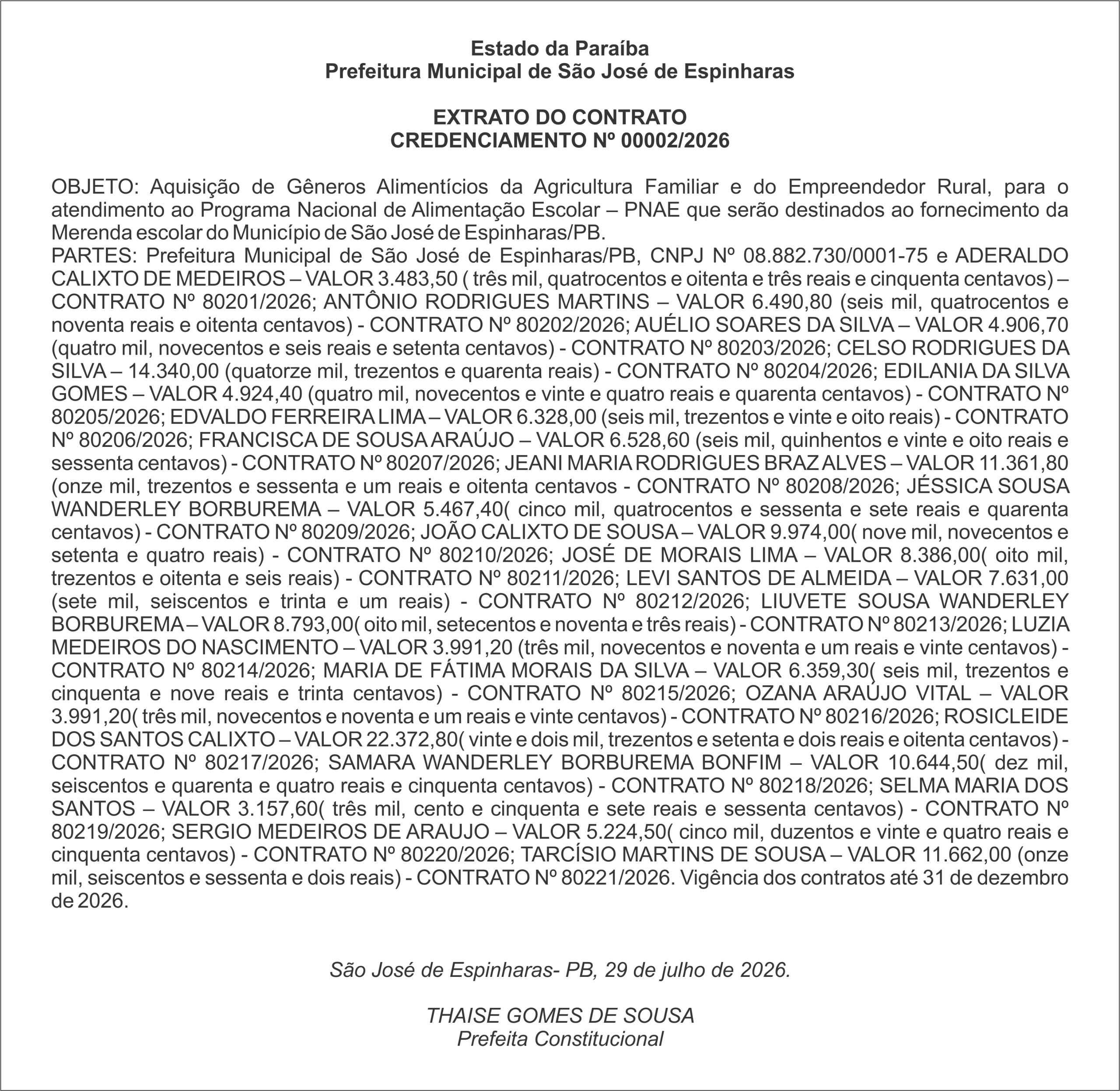 PREFEITURA DE SÃO JOSÉ DE ESPINHARAS – EXTRATO DO CONTRATO