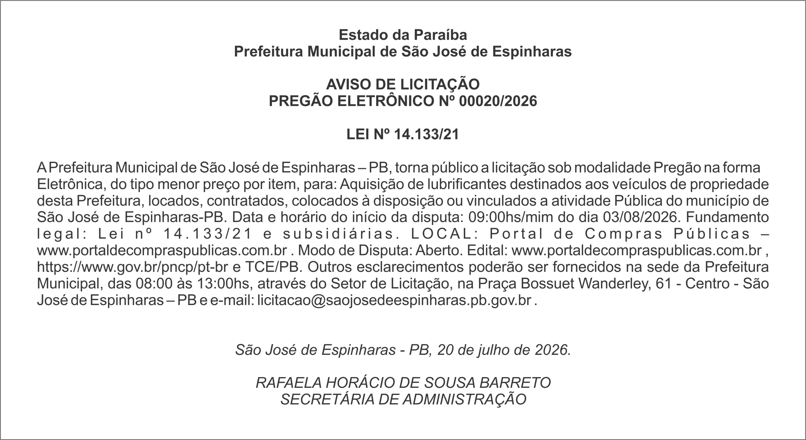 PREFEITURA MUNICIPAL DE SÃO JOSÉ DE ESPINHARAS – AVISO DE LICITAÇÃO – PREGÃO ELETRÔNICO Nº 00020/2026