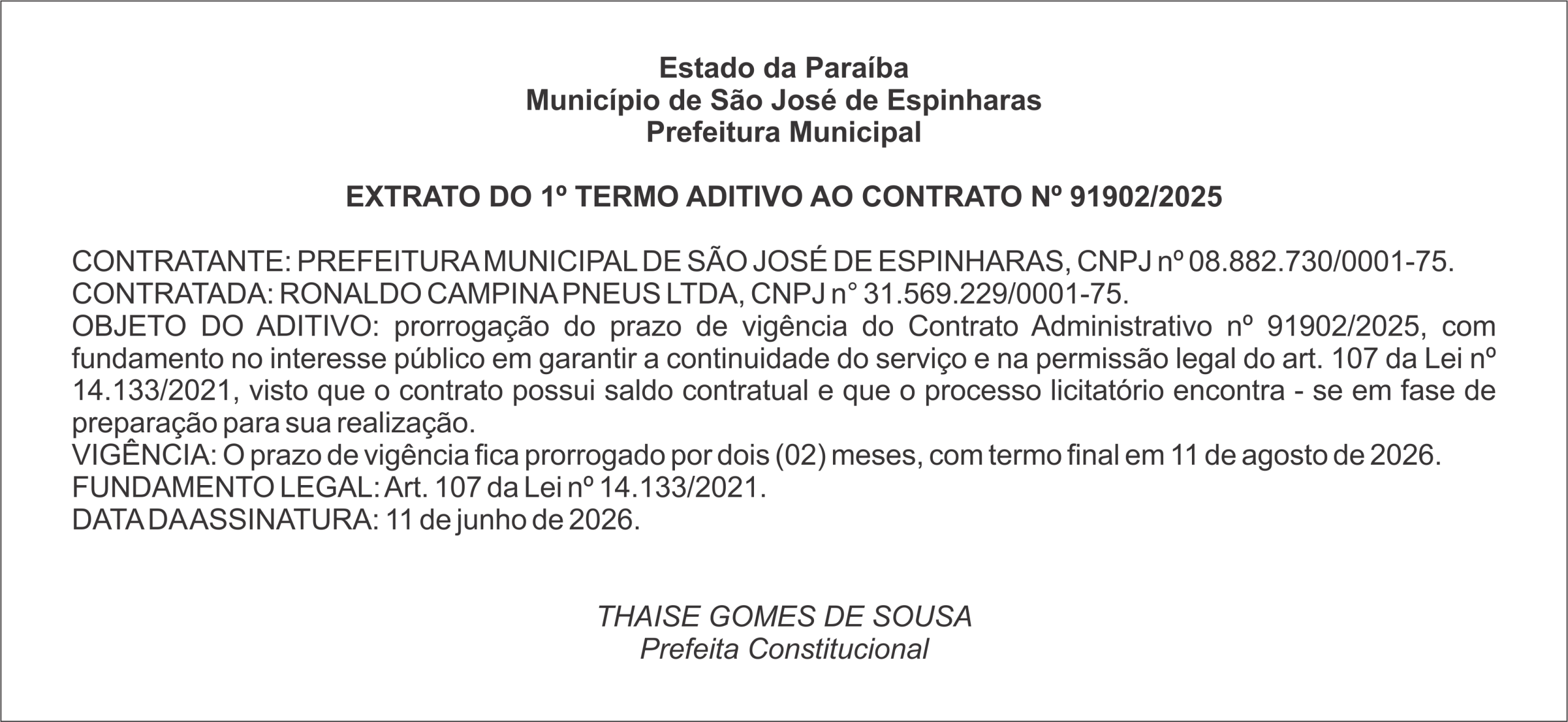 PREFEITURA MUNICIPAL DE SÃO JOSÉ DE ESPINHARAS – EXTRATO DO 1º TERMO ADITIVO AO CONTRATO Nº 91902/2025