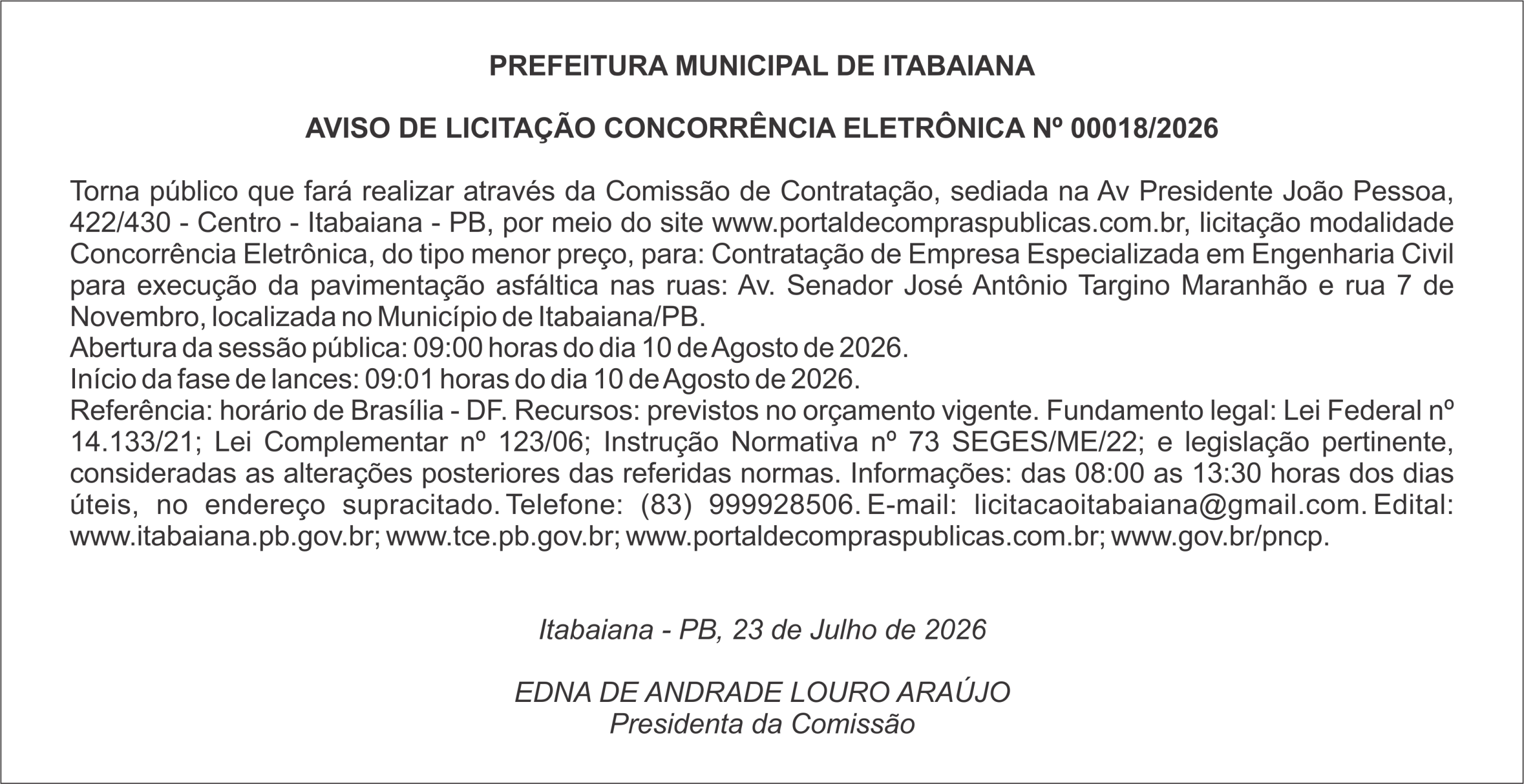 PREFEITURA MUNICIPAL DE ITABAIANA – AVISO DE LICITAÇÃO CONCORRÊNCIA ELETRÔNICA Nº 00018/2026