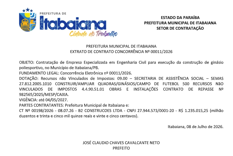 PREFEITURA MUNICIPAL DE ITABAIANA – EXTRATO DE CONTRATO CONCORRÊNCIA Nº 00011/2026
