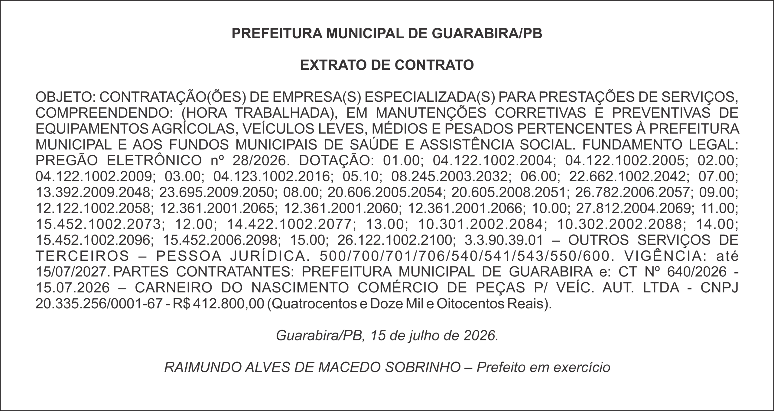 PREFEITURA MUNICIPAL DE GUARABIRA/PB – EXTRATO DE CONTRATO