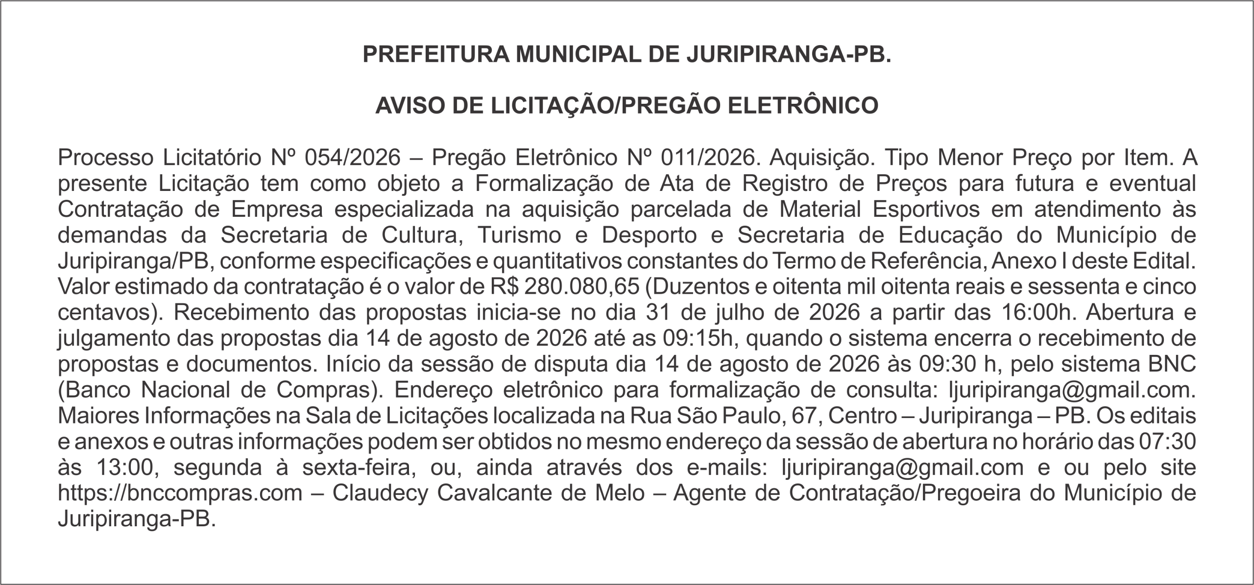 PREFEITURA MUNICIPAL DE JURIPIRANGA-PB – AVISO DE LICITAÇÃO/PREGÃO ELETRÔNICO