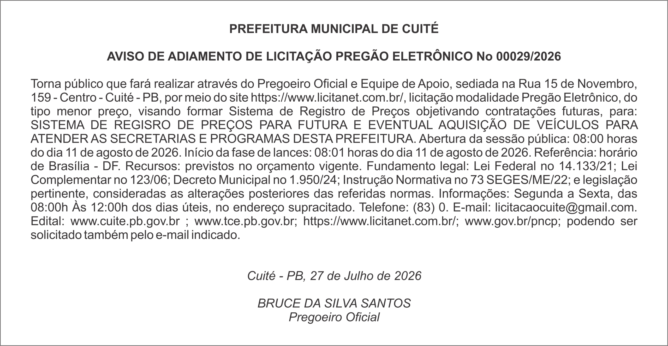 PREFEITURA MUNICIPAL DE CUITÉ – AVISO DE ADIAMENTO DE LICITAÇÃO PREGÃO ELETRÔNICO No 00029/2026