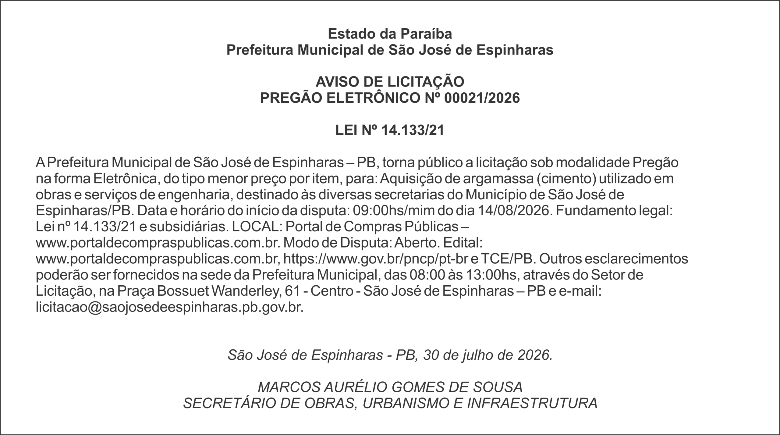PREFEITURA DE SÃO JOSÉ DE ESPINHARAS – AVISO DE LICITAÇÃO PREGÃO ELETRÔNICO Nº 00021/2026