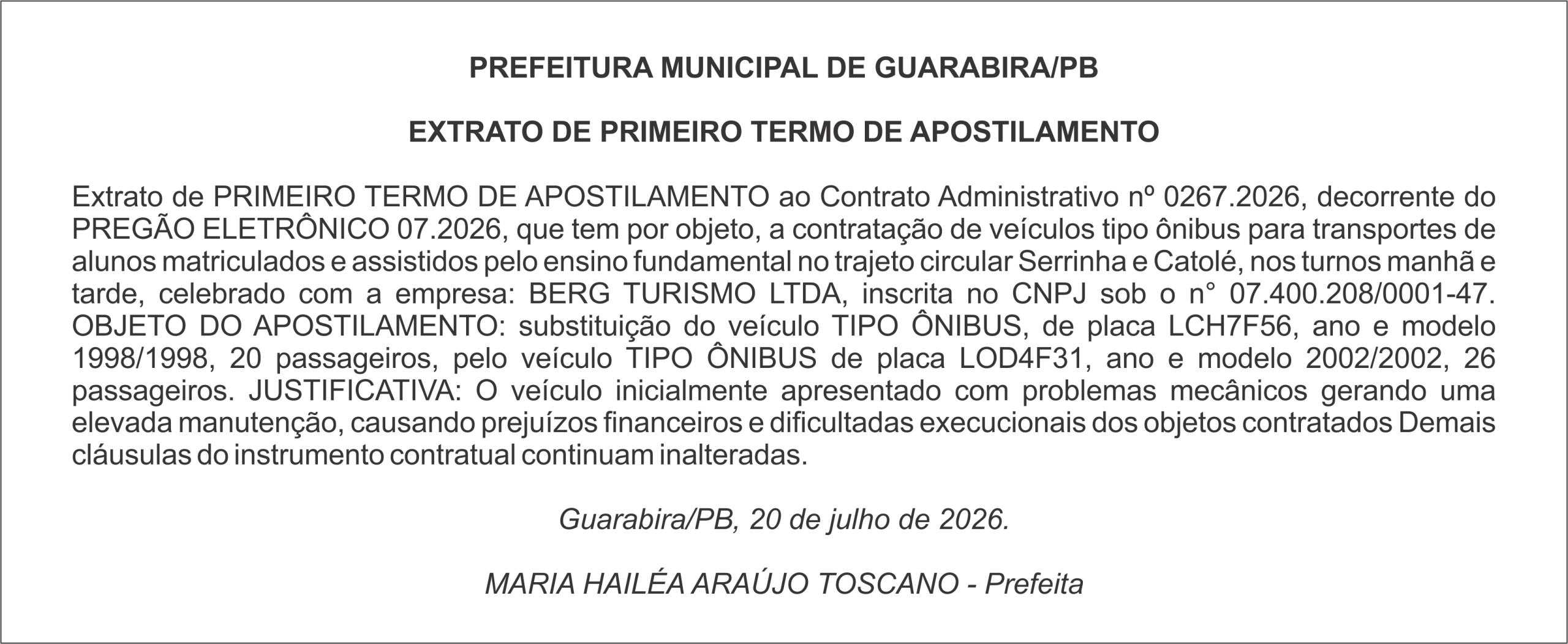 PREFEITURA MUNICIPAL DE GUARABIRA/PB – EXTRATO DE PRIMEIRO TERMO DE APOSTILAMENTO