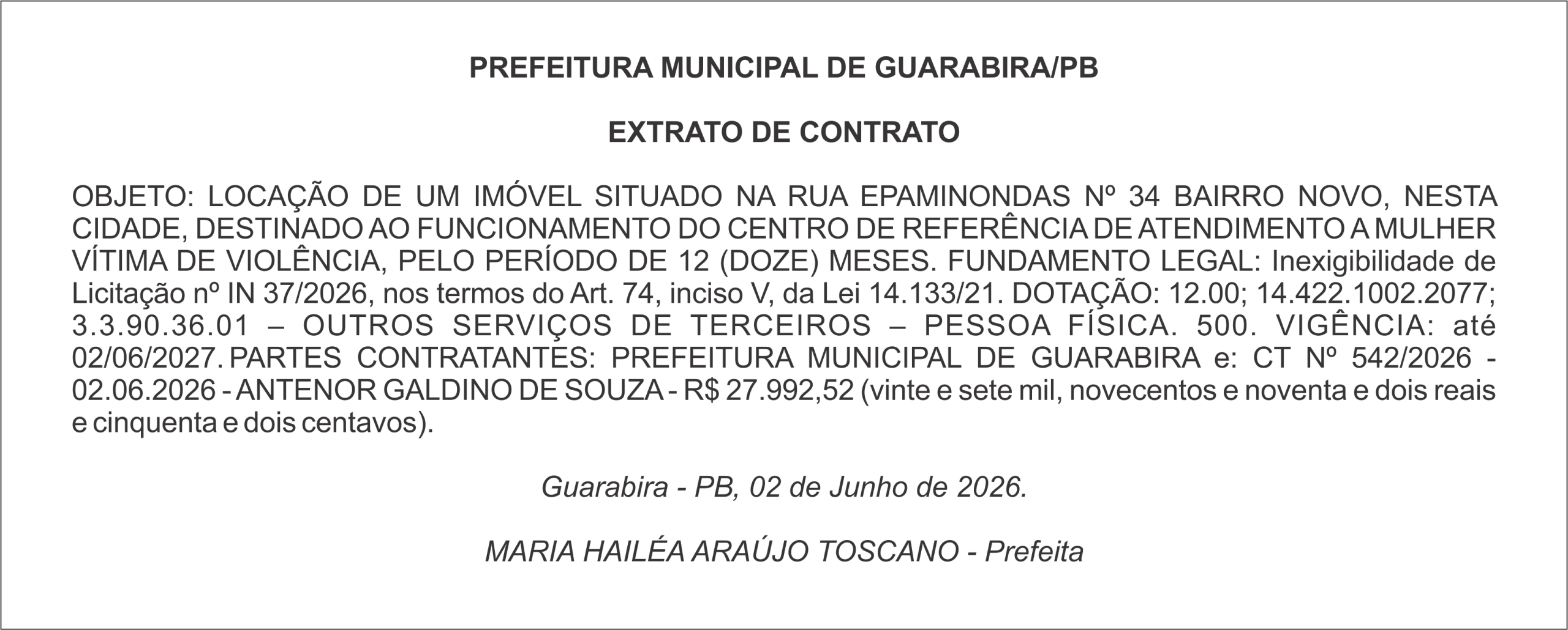 PREFEITURA MUNICIPAL DE GUARABIRA/PB EXTRATO DE CONTRATO
