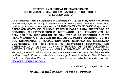 PREFEITURA MUNICIPAL DE GUARABIRA/PB – CREDENCIAMENTO N.º 008/2026 – AVISO DE RESULTADO DE  CREDENCIAMENTO