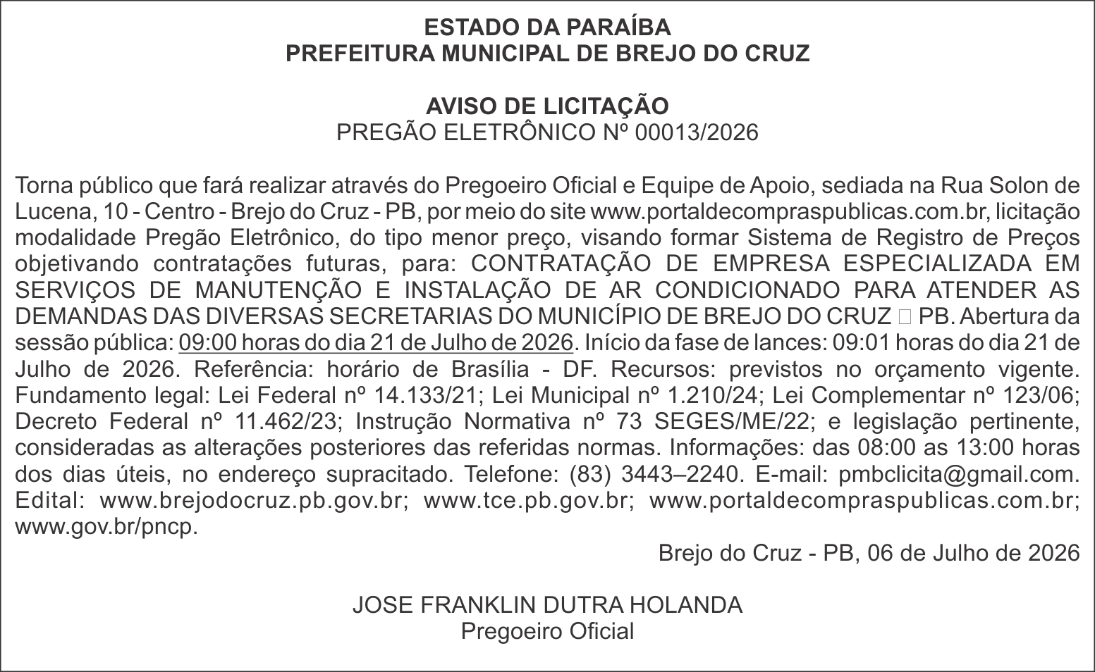 PREFEITURA MUNICIPAL DE BREJO DO CRUZ – AVISO DE LICITAÇÃO – PREGÃO ELETRÔNICO Nº 00013/2026