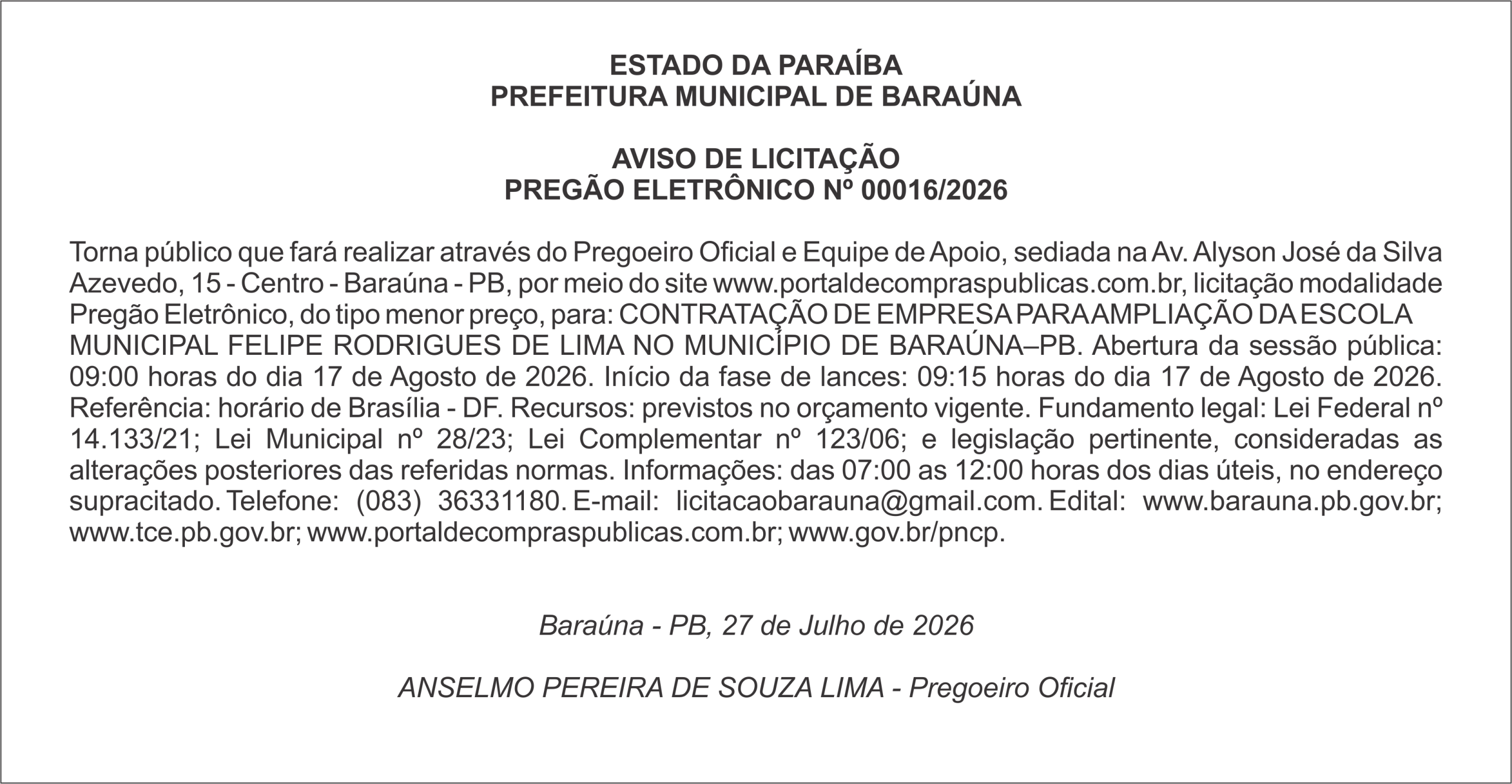 PREFEITURA MUNICIPAL DE BARAÚNA – AVISO DE LICITAÇÃO – PREGÃO ELETRÔNICO Nº 00016/2026