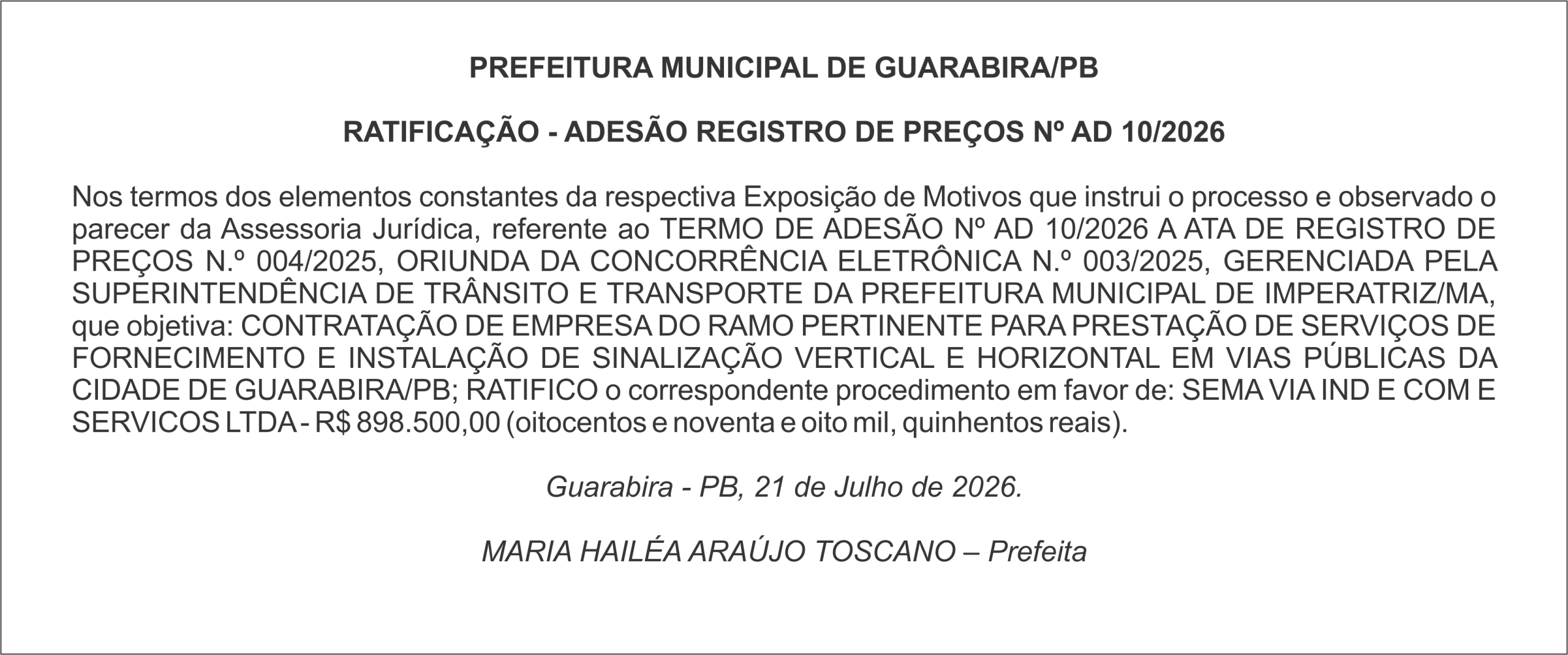 PREFEITURA MUNICIPAL DE GUARABIRA/PB – RATIFICAÇÃO – ADESÃO REGISTRO DE PREÇOS Nº AD 10/2026