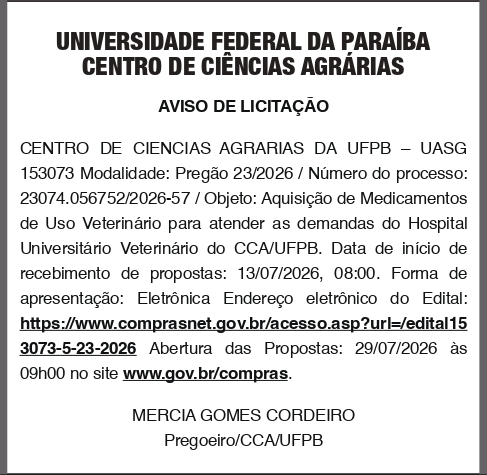 UNIVERSIDADE FEDERAL DA PARAIBA – AVISO DE LICITAÇÃO – Pregão 23/2026